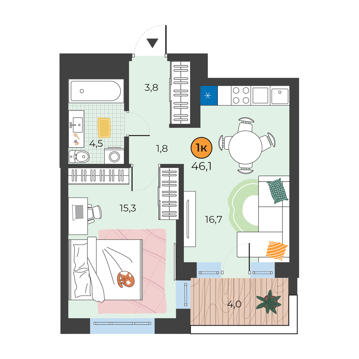 Планировка: Евродвушка 43.3 м² в ЖК Корней, Южный