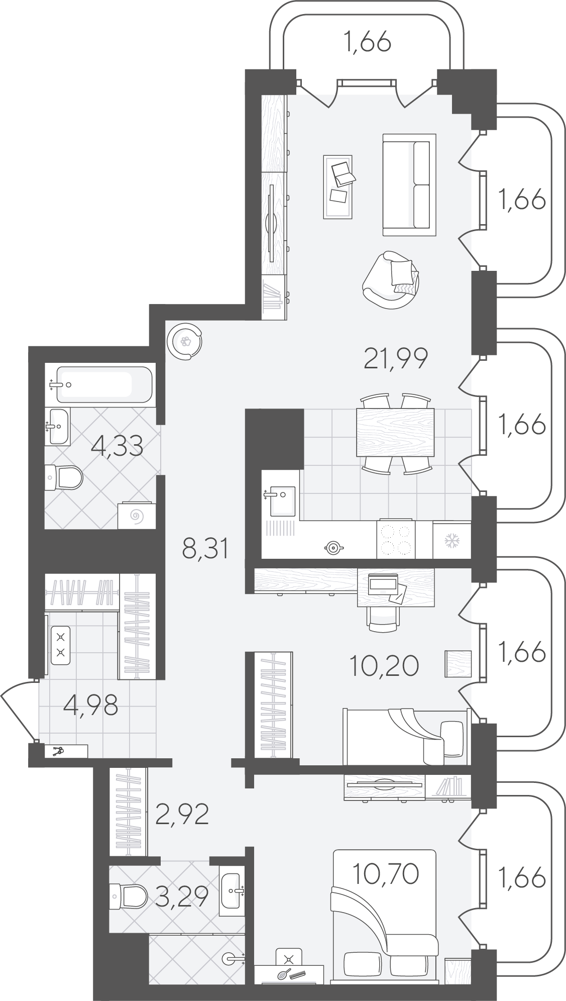 Планировка: Евротрешка 75 м² в ЖК Скандиа. Квартал в Слободе, Тюменская слобода