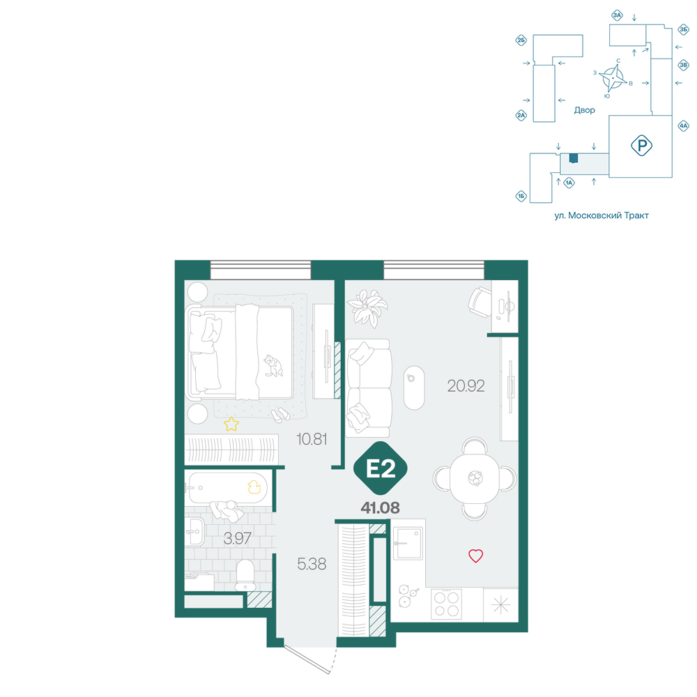 Планировка: Евродвушка 41.1 м² в ЖК Сибирский, Московский тракт