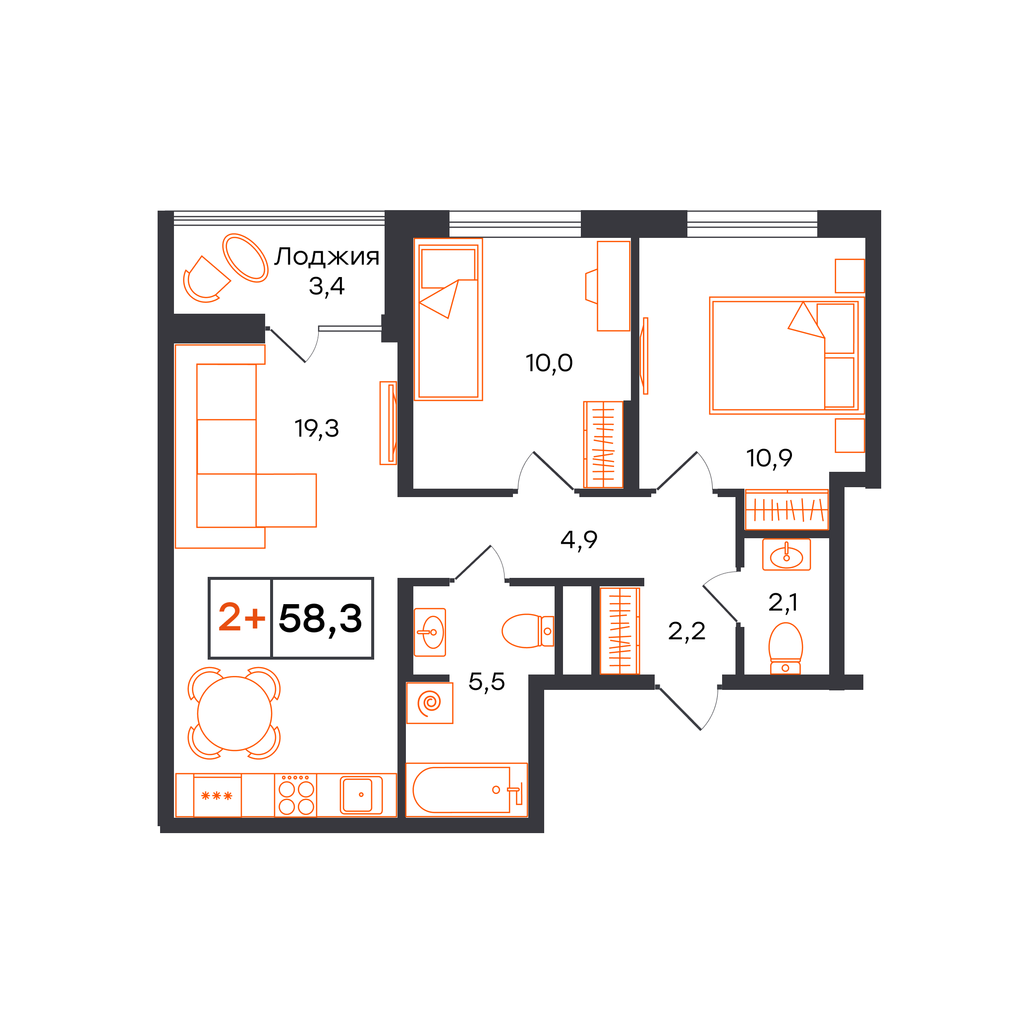 Планировка: Евротрешка 58.3 м² в ЖК Чемпионский, Чемпионский