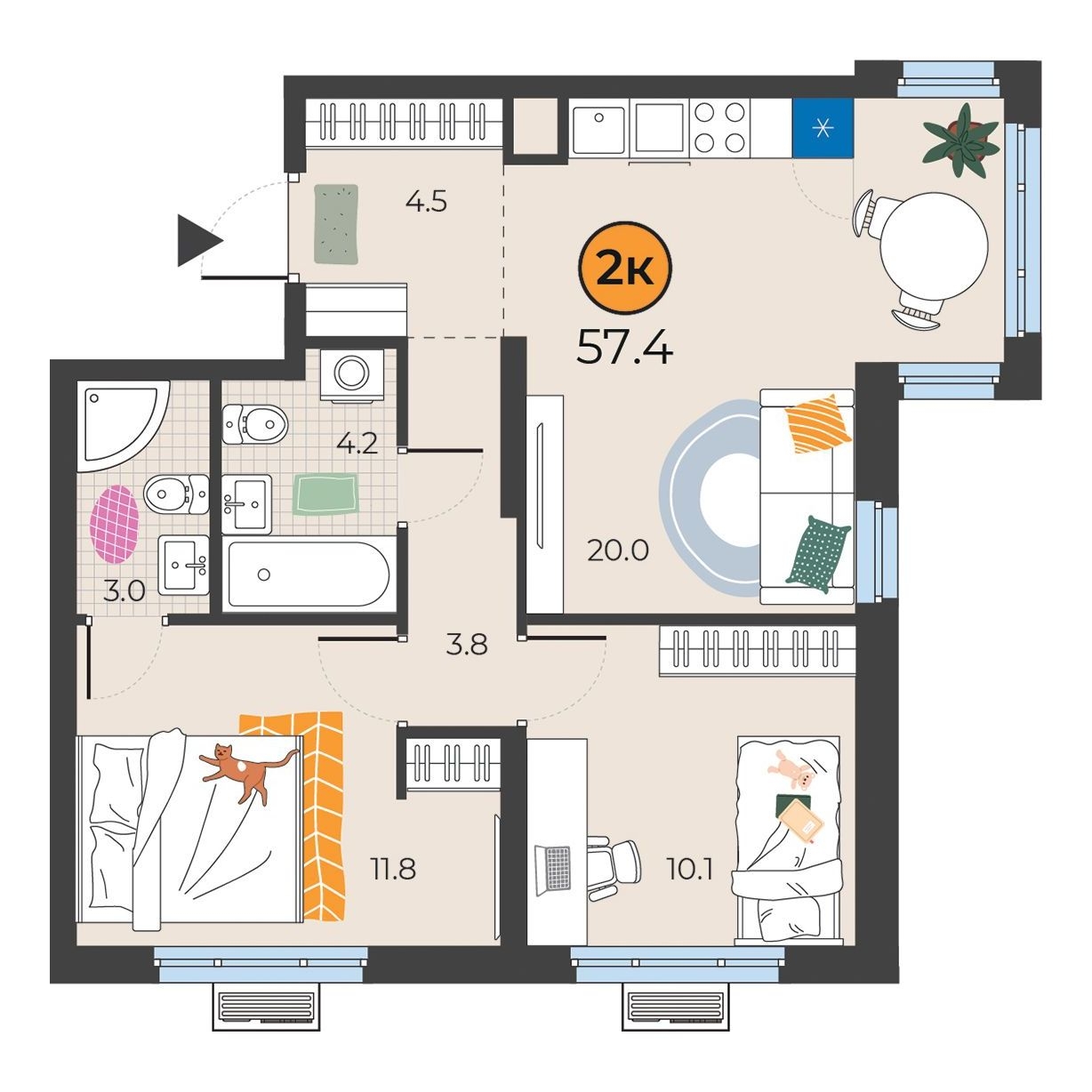 Планировка: Евротрешка 57.4 м² в ЖК Корней, Южный