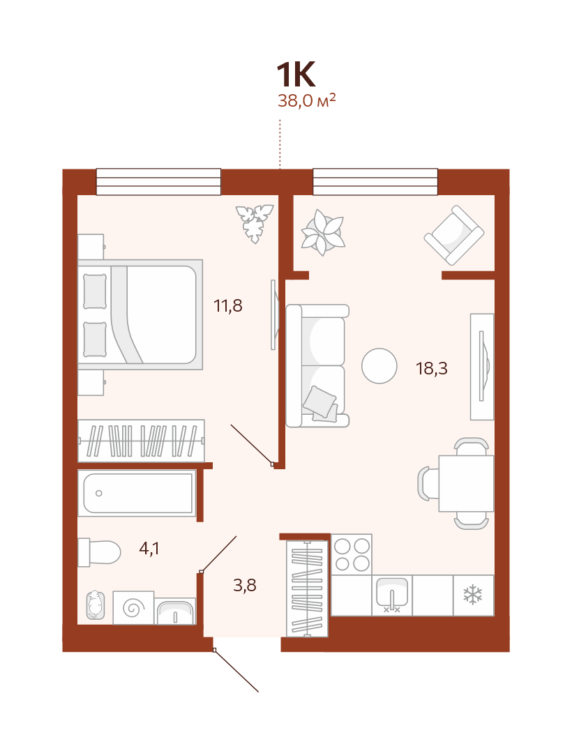 Планировка: Евродвушка 38 м² в ЖК Новатор, Центр: КПД