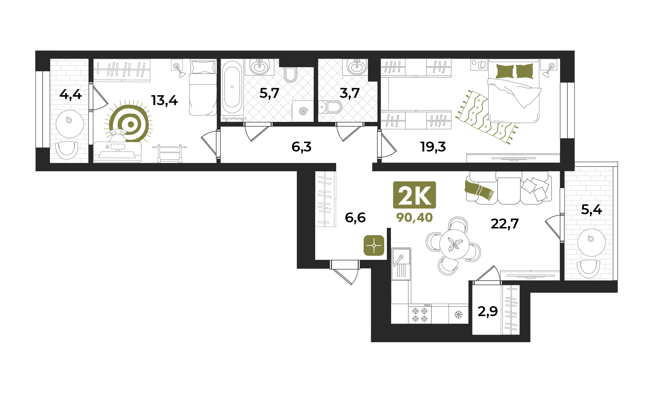 Планировка: Евротрешка 90.4 м² в ЖК Авторский проект "Опера", 5-й Заречный