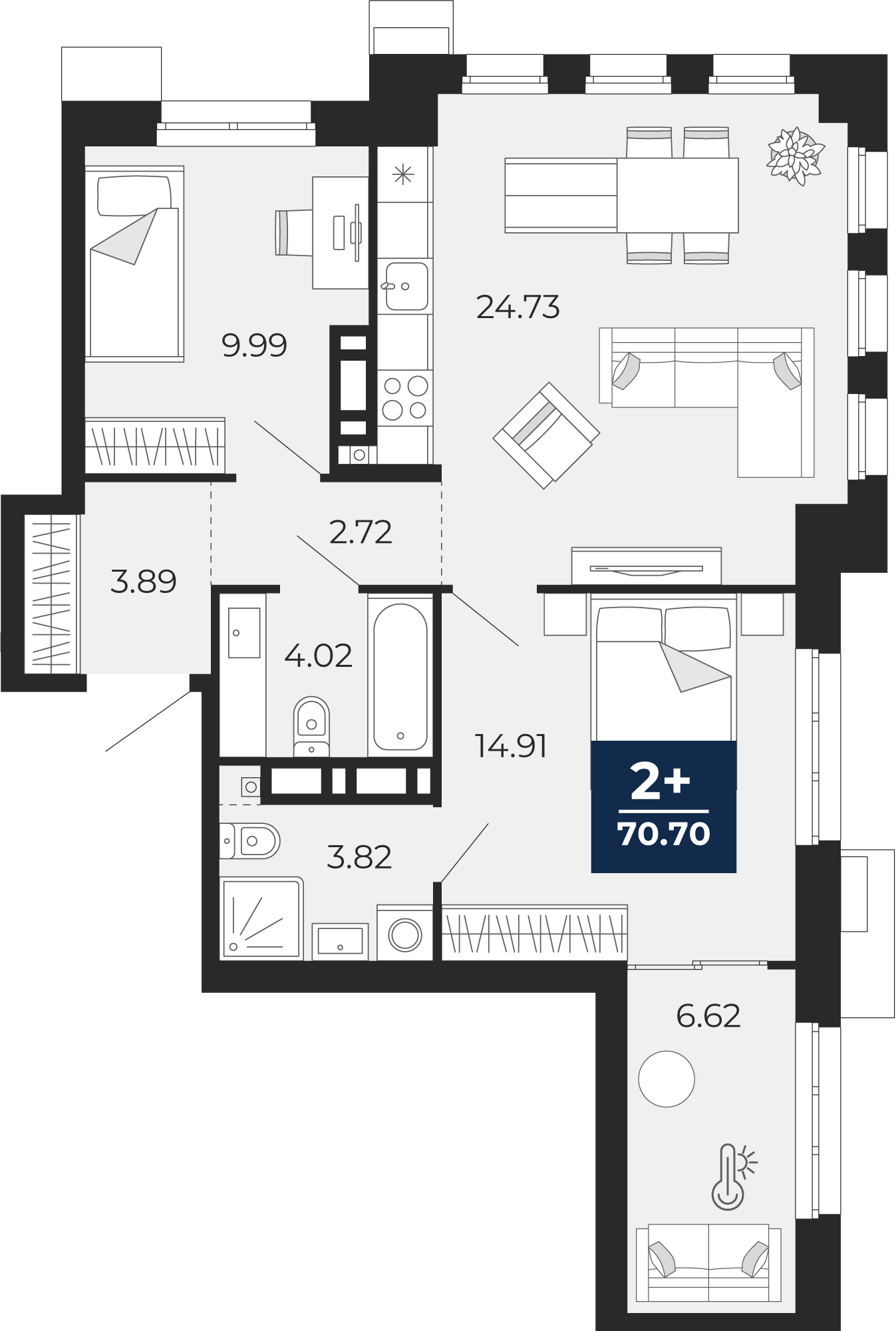 Планировка: Евротрешка 70.7 м² в ЖК Айвазовский, 5-й Заречный