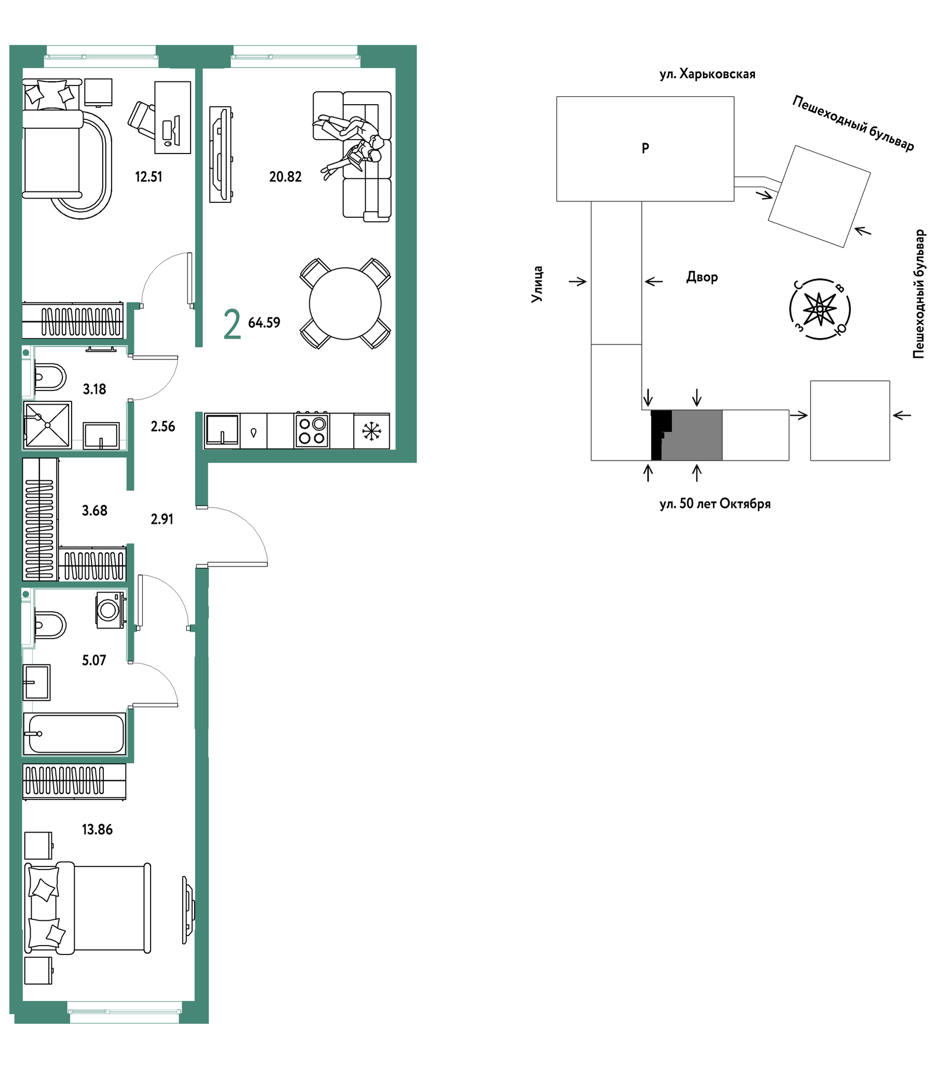Планировка: Евротрешка 64.6 м² в ЖК Сердце Сибири, Центр: КПД