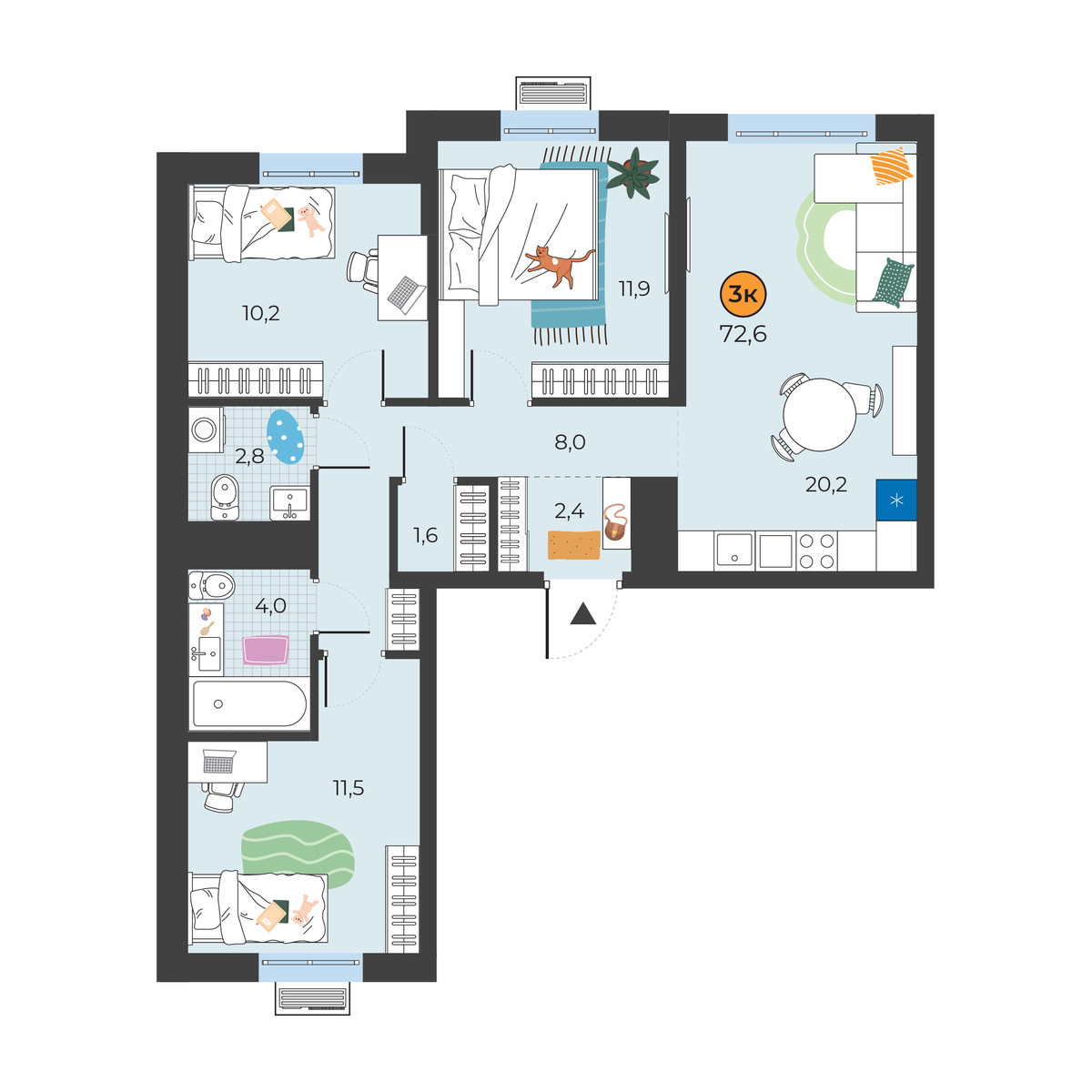Планировка: 4-комнатная евро 72.6 м² в ЖК Корней, Южный