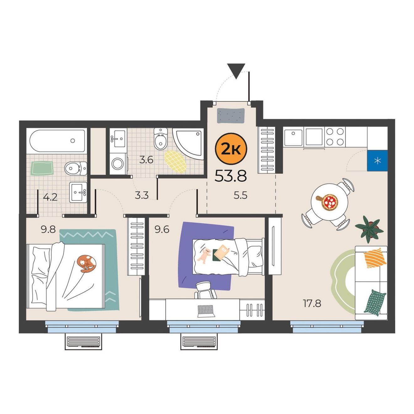 Планировка: Формат уточняется 53.9 м² в ЖК Корней, Южный