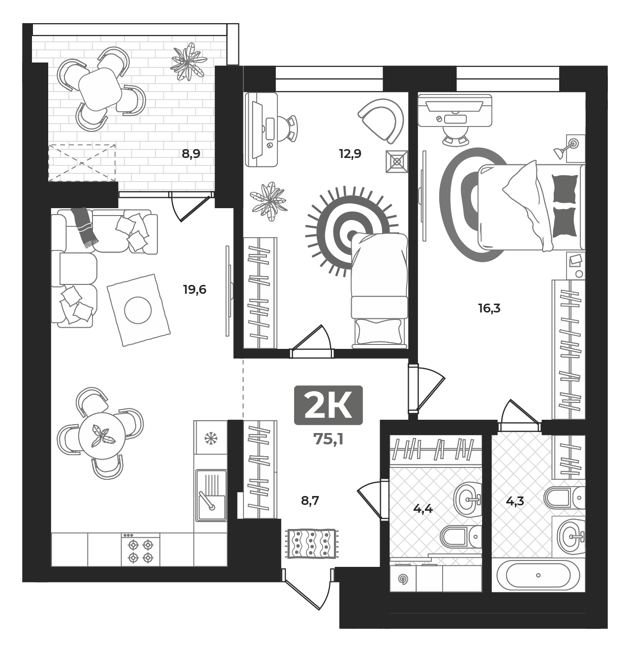 Планировка: Евротрешка 73.5 м² в ЖК Маэстро, 5-й Заречный