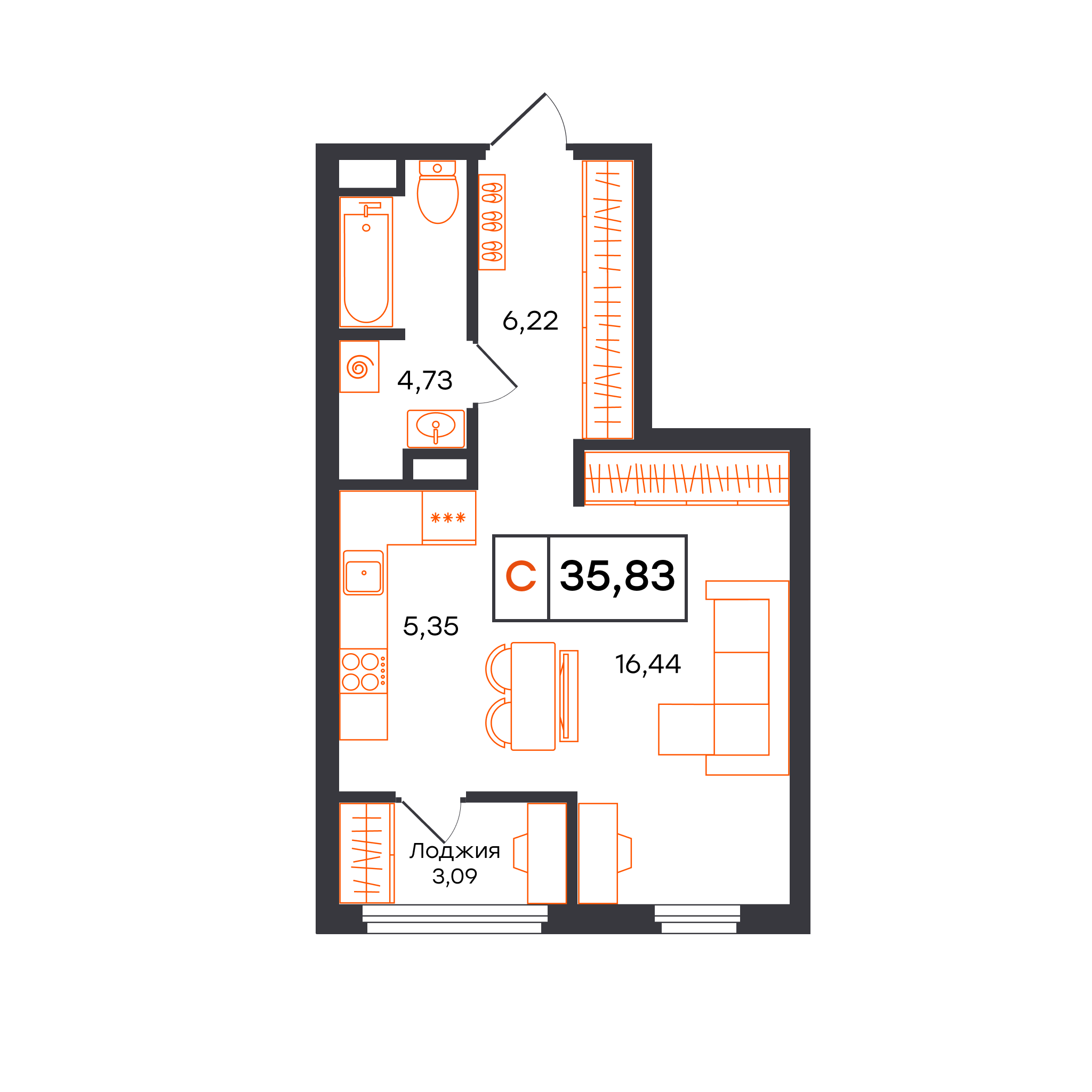 Планировка: Студия 35.8 м² в ЖК Отличие, Комарово Парк