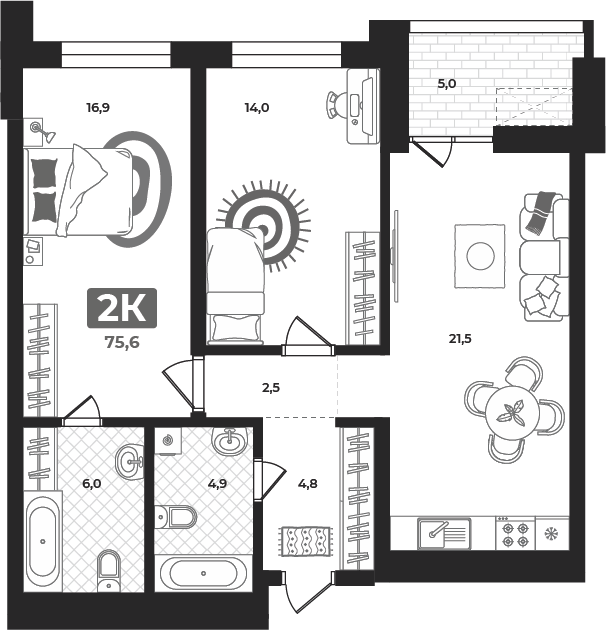 Планировка: Евротрешка 75 м² в ЖК Маэстро, 5-й Заречный