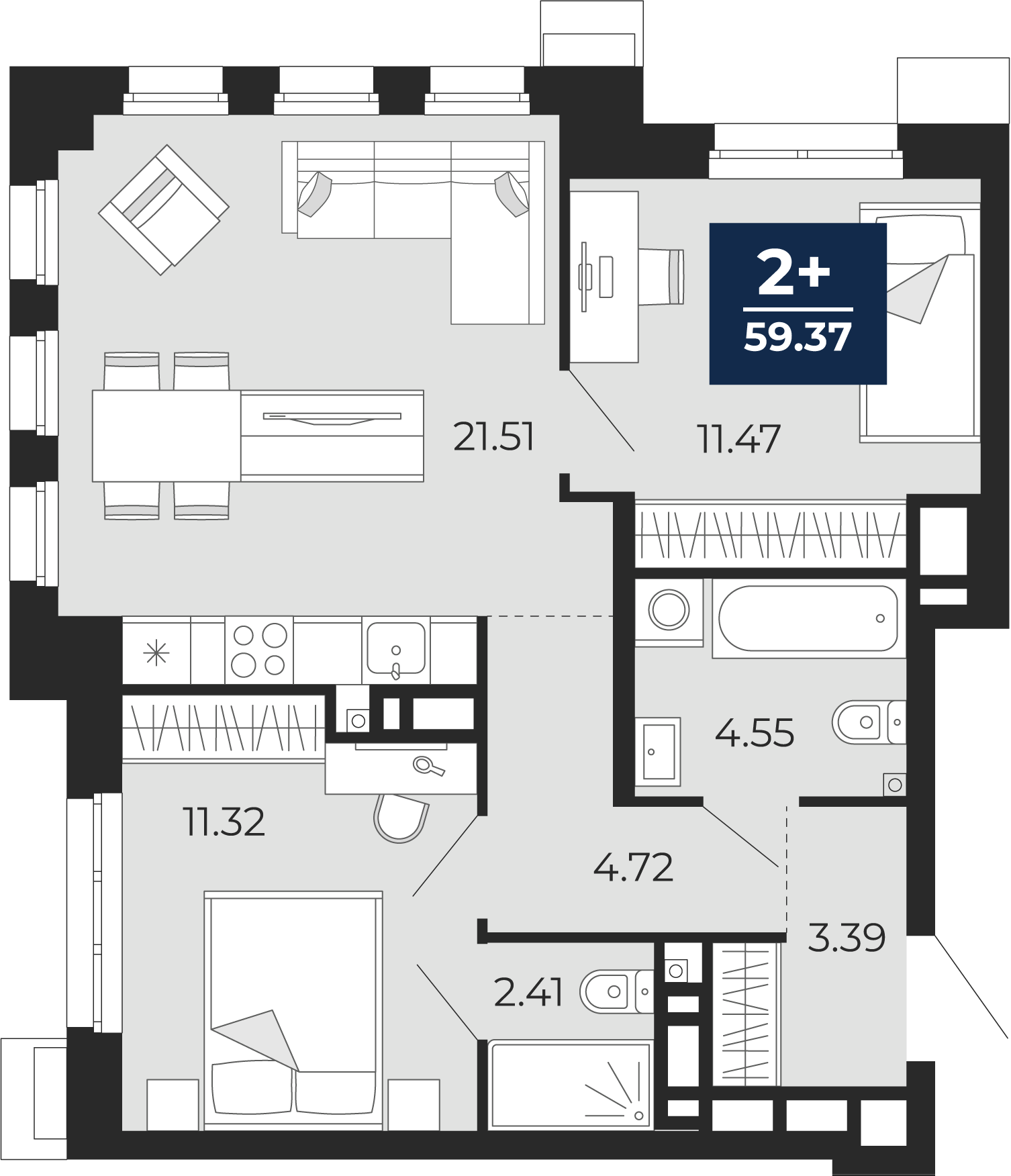Планировка: Евротрешка 59.4 м² в ЖК Айвазовский, 5-й Заречный