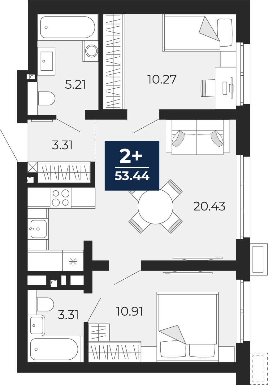 Планировка: Евротрешка 53.4 м² в ЖК Беринг, Лесобаза