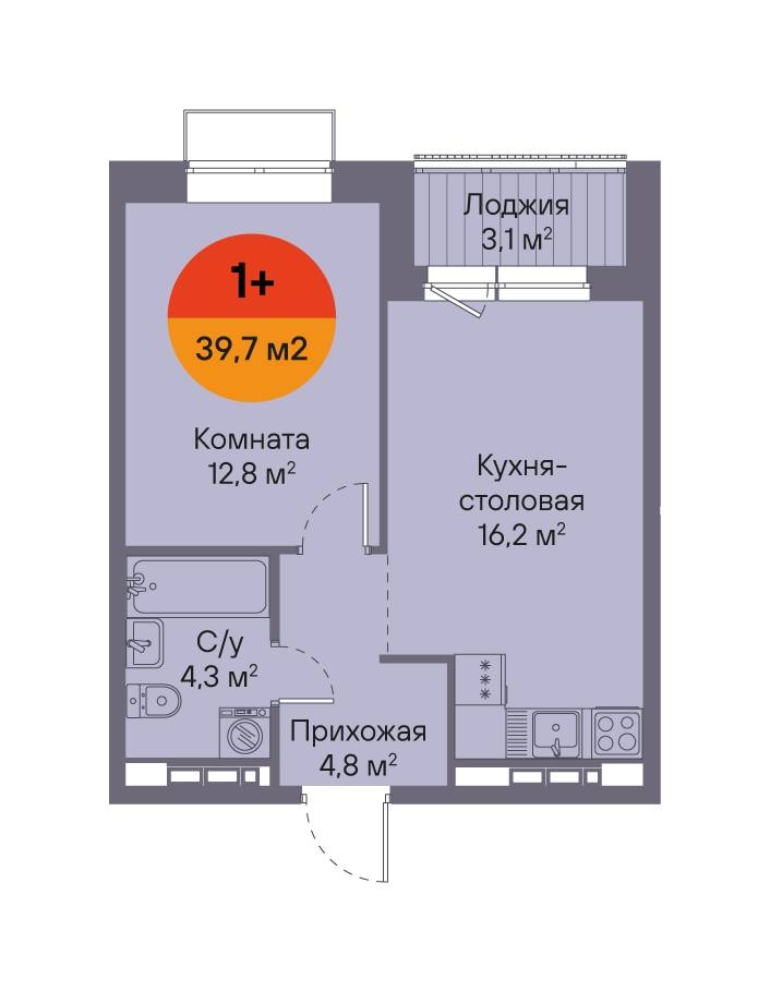 Планировка: Евродвушка 39.7 м² в ЖК Восход, Матмасы