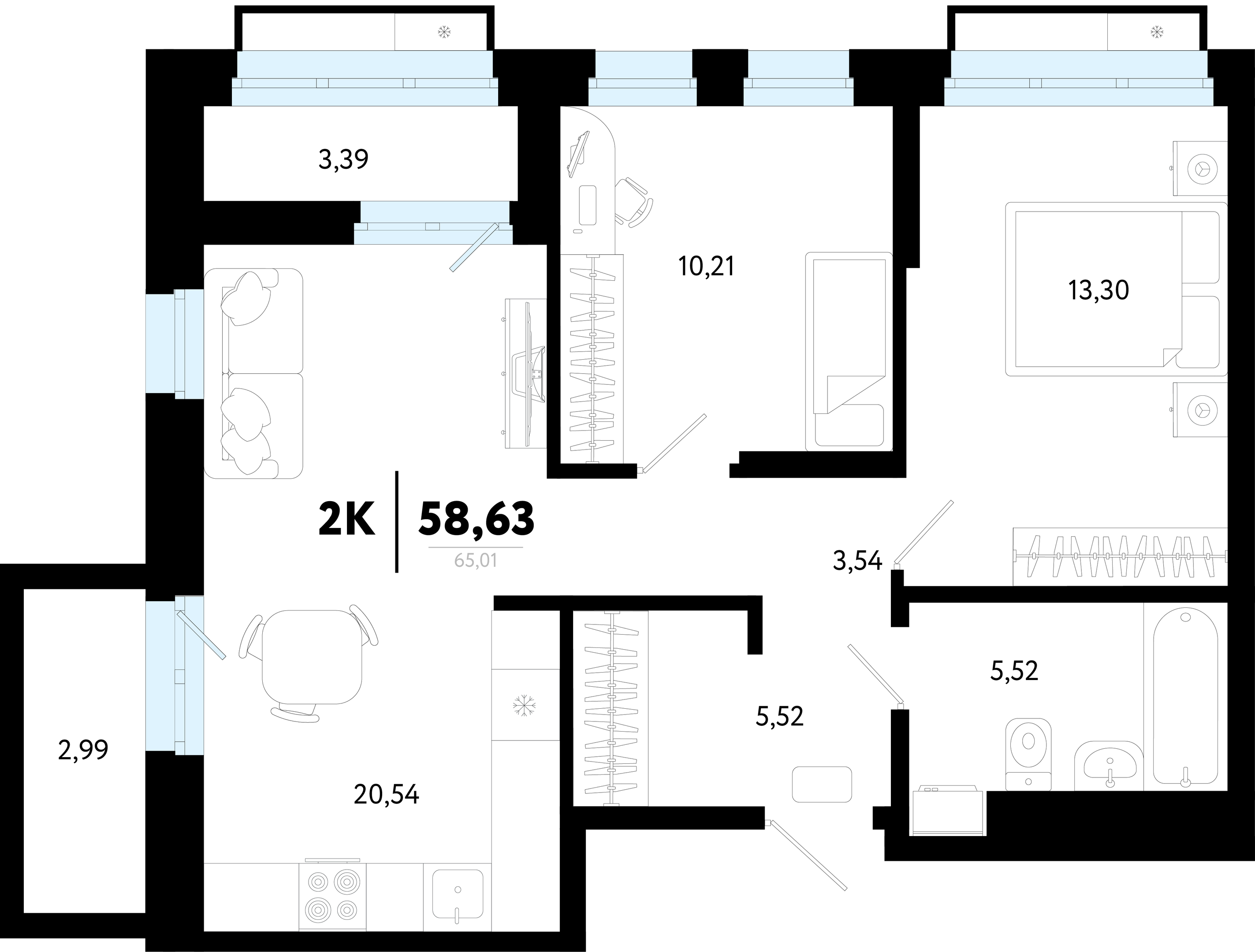 Планировка: Евротрешка 58.6 м² в ЖК Символ, Комарово Парк