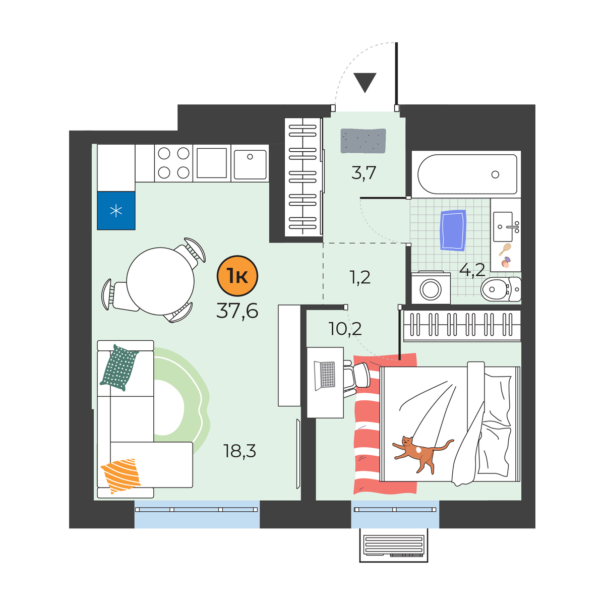 Планировка: Евродвушка 37.6 м² в ЖК Корней, Южный