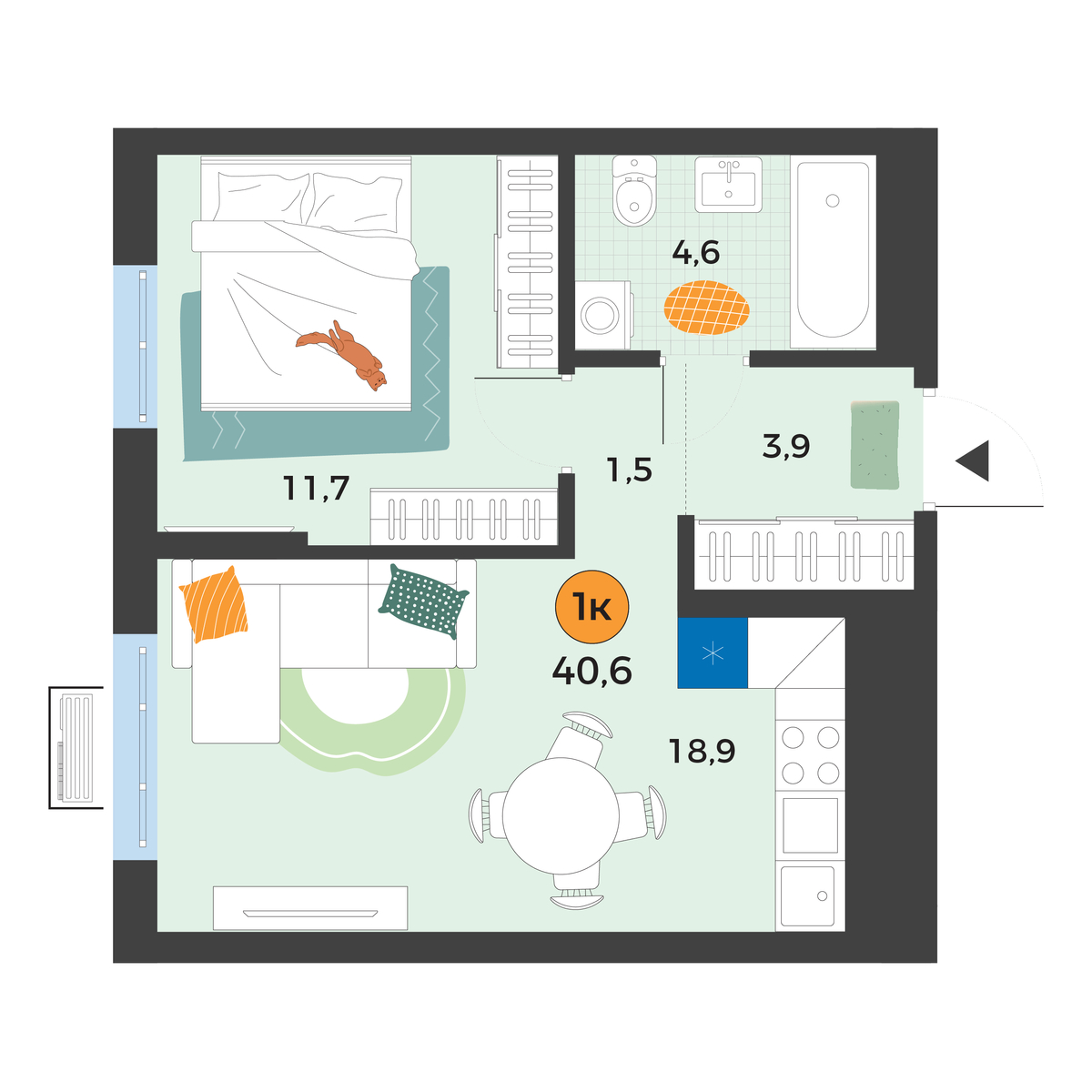 Планировка: Евродвушка 40.6 м² в ЖК Корней, Южный
