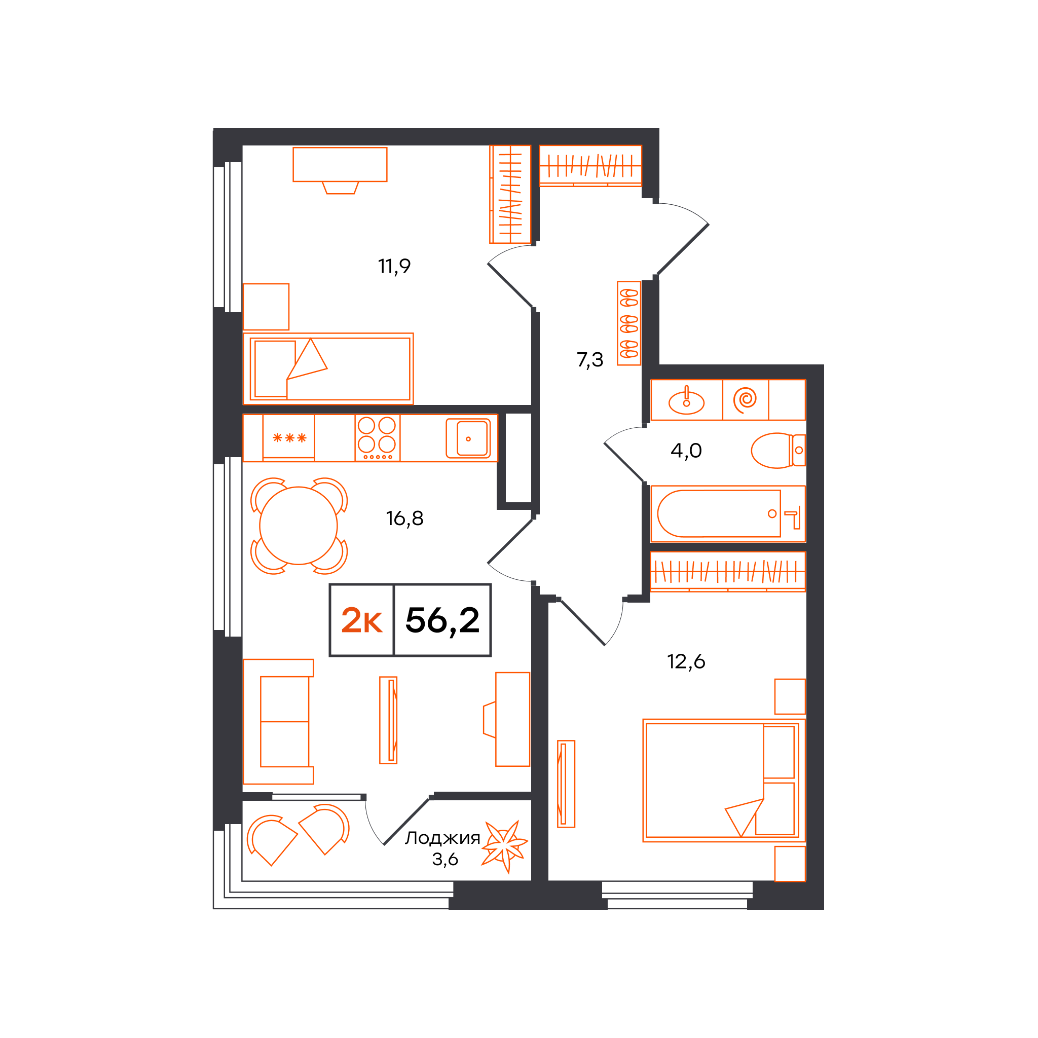 Планировка: Евротрешка 56.2 м² в ЖК Отличие, Комарово Парк
