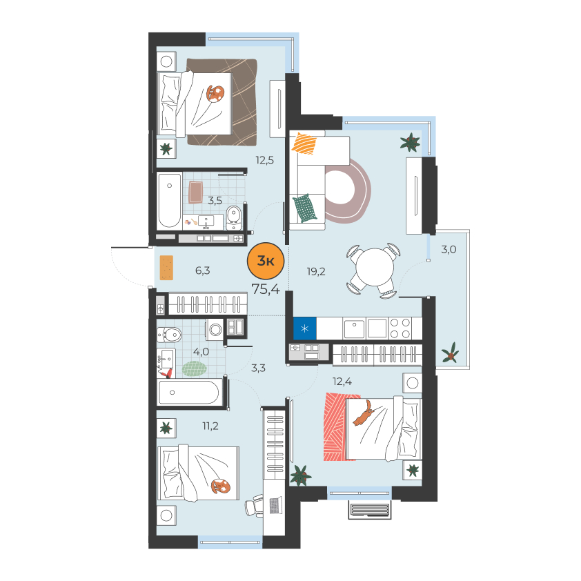 Планировка: 4-комнатная евро 72.4 м² в ЖК Корней, Южный