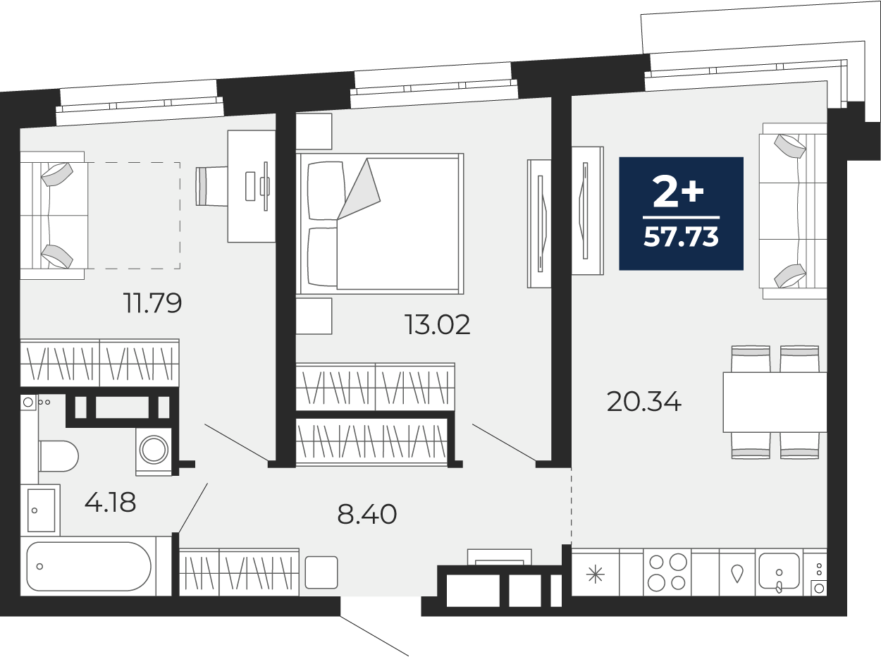 Планировка: Евротрешка 57.7 м² в ЖК Прео, Тюменская слобода