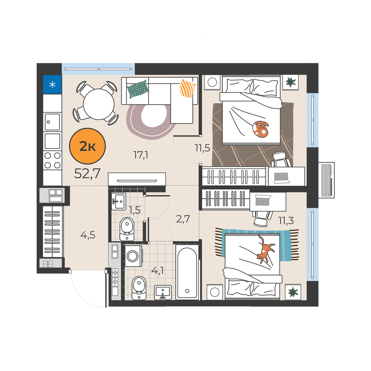 Планировка: Евротрешка 52.7 м² в ЖК Корней, Южный