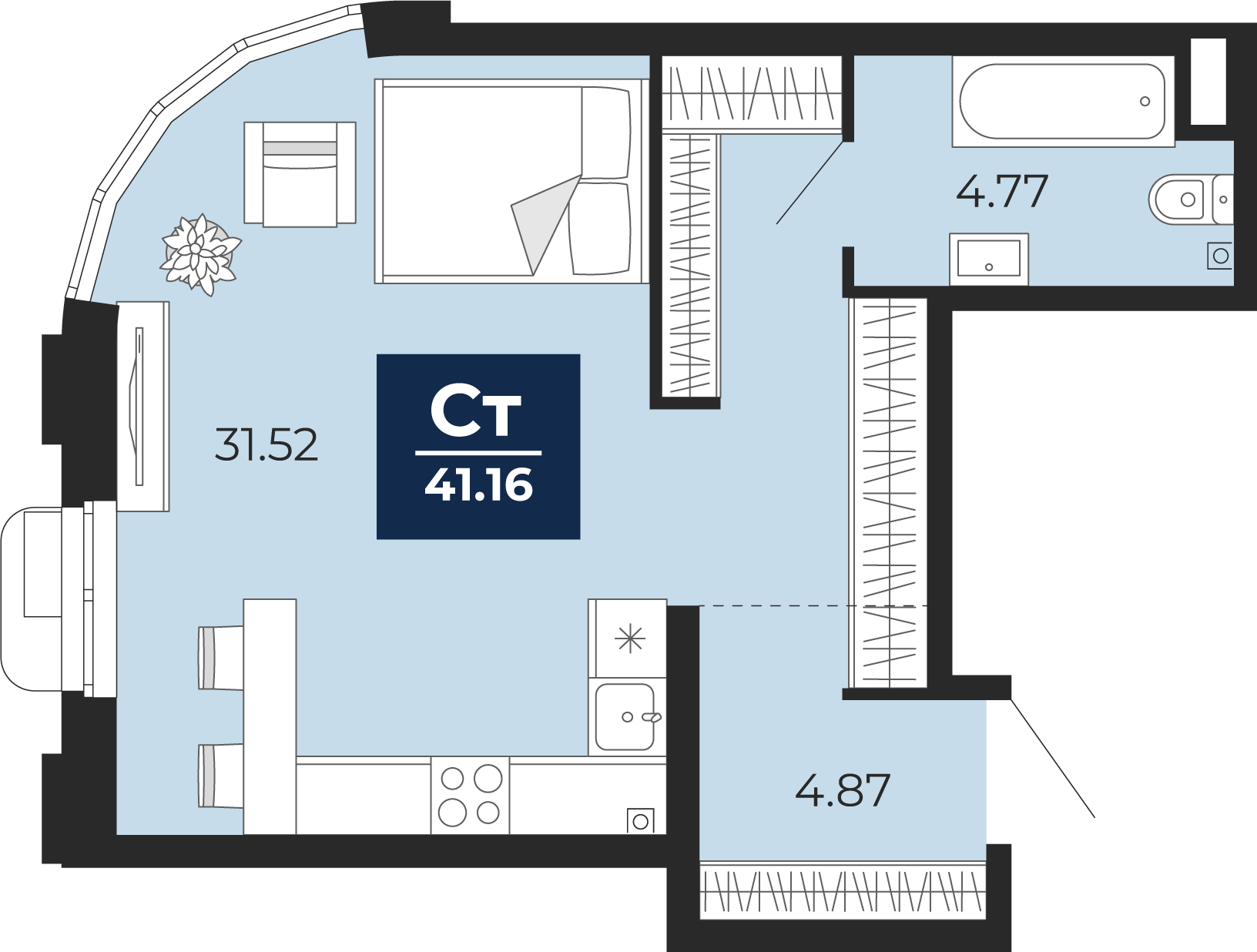 Планировка: Студия 41.2 м² в ЖК Айвазовский, 5-й Заречный