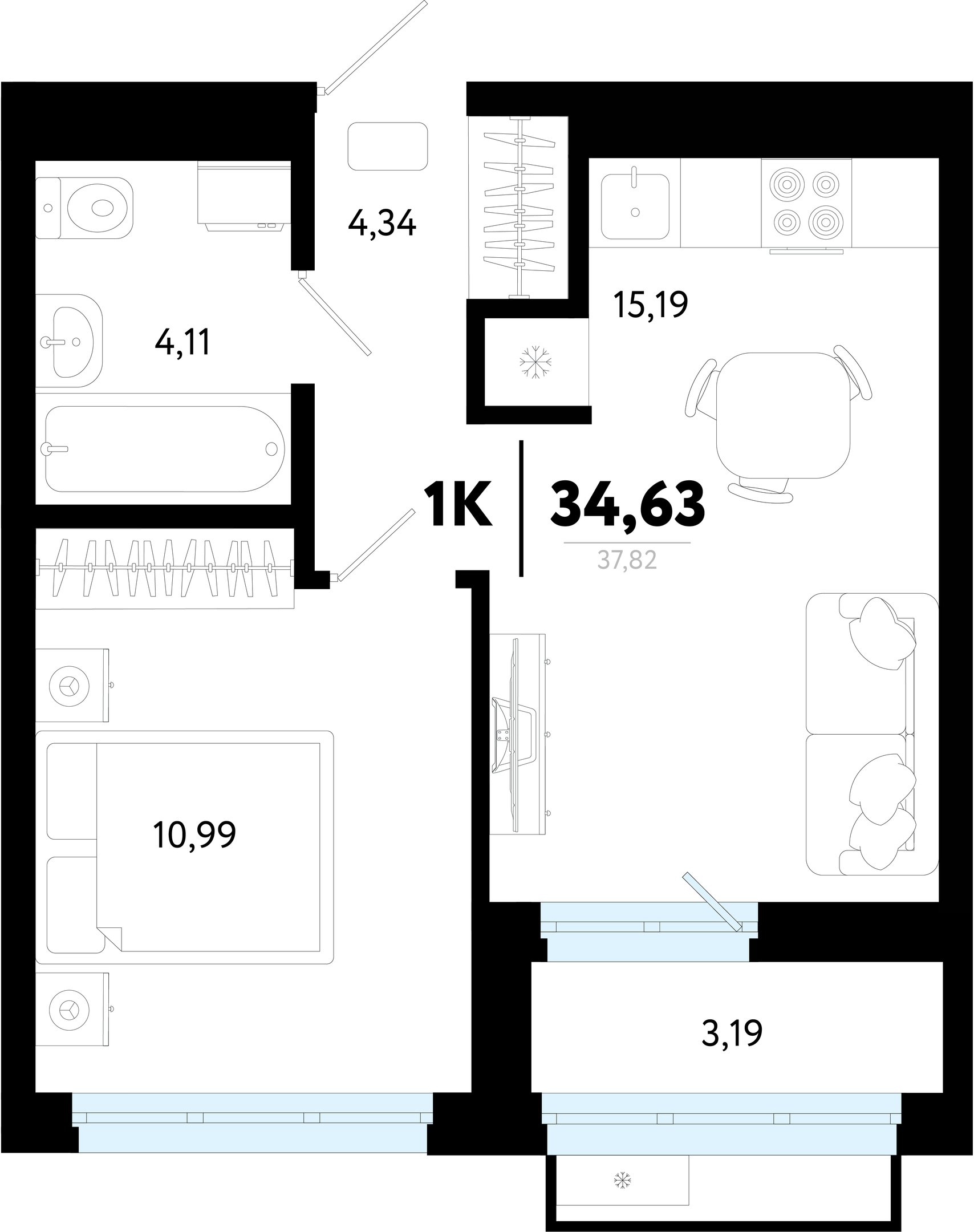 Планировка: Евродвушка 34.6 м² в ЖК Символ, Комарово Парк
