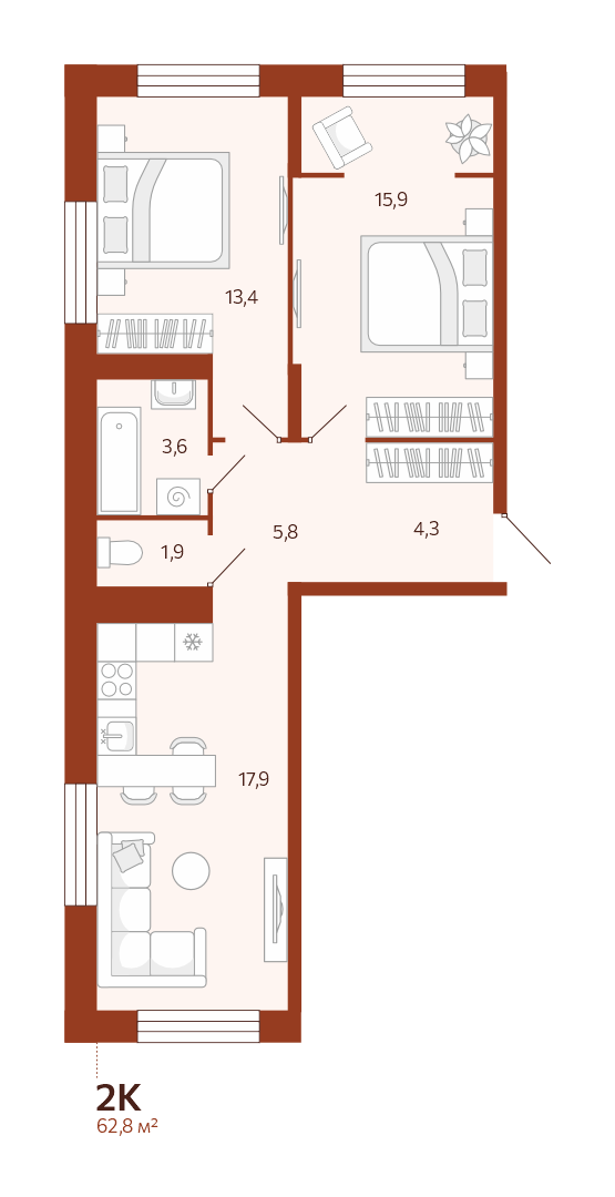 Планировка: Евротрешка 62.8 м² в ЖК Новатор, Центр: КПД