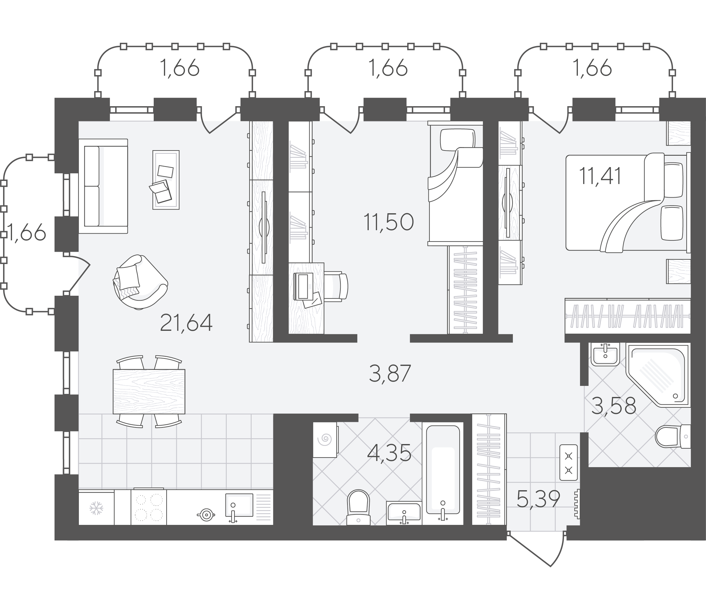 Планировка: Евротрешка 68.4 м² в ЖК Скандиа. Квартал в Слободе, Тюменская слобода