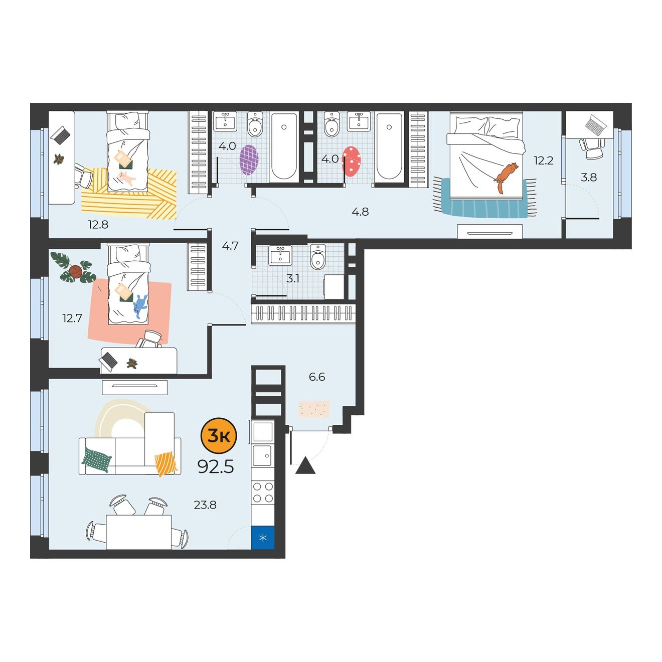 Планировка: 4-комнатная евро 92.5 м² в ЖК Корней, Южный