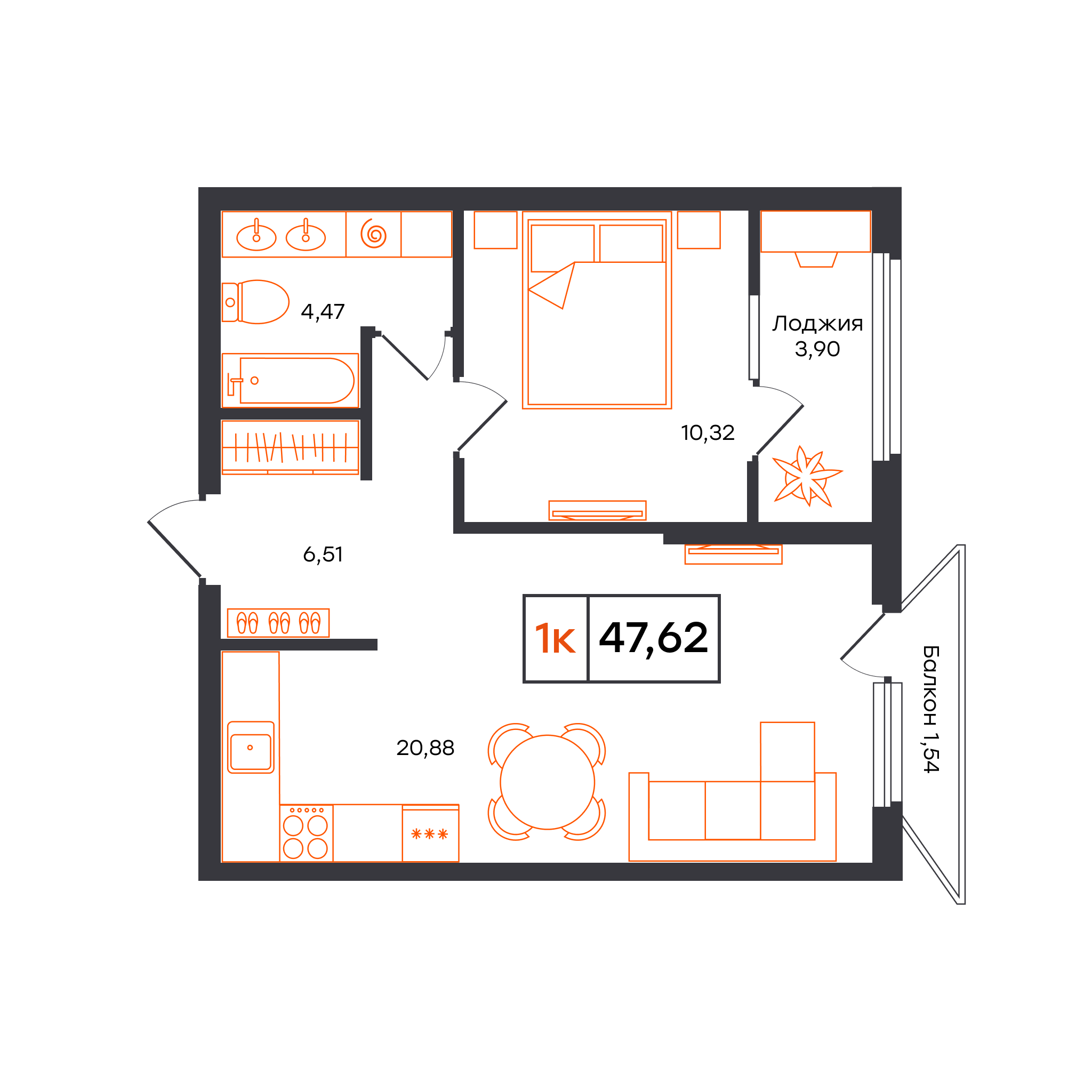 Планировка: Евродвушка 47.6 м² в ЖК Отличие, Комарово Парк