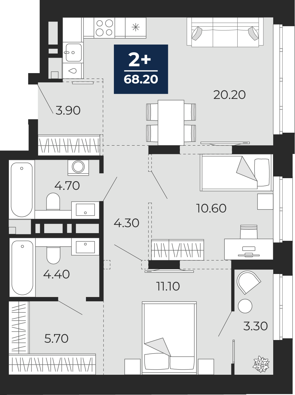Планировка: Евротрешка 64.9 м² в ЖК Айвазовский, 5-й Заречный