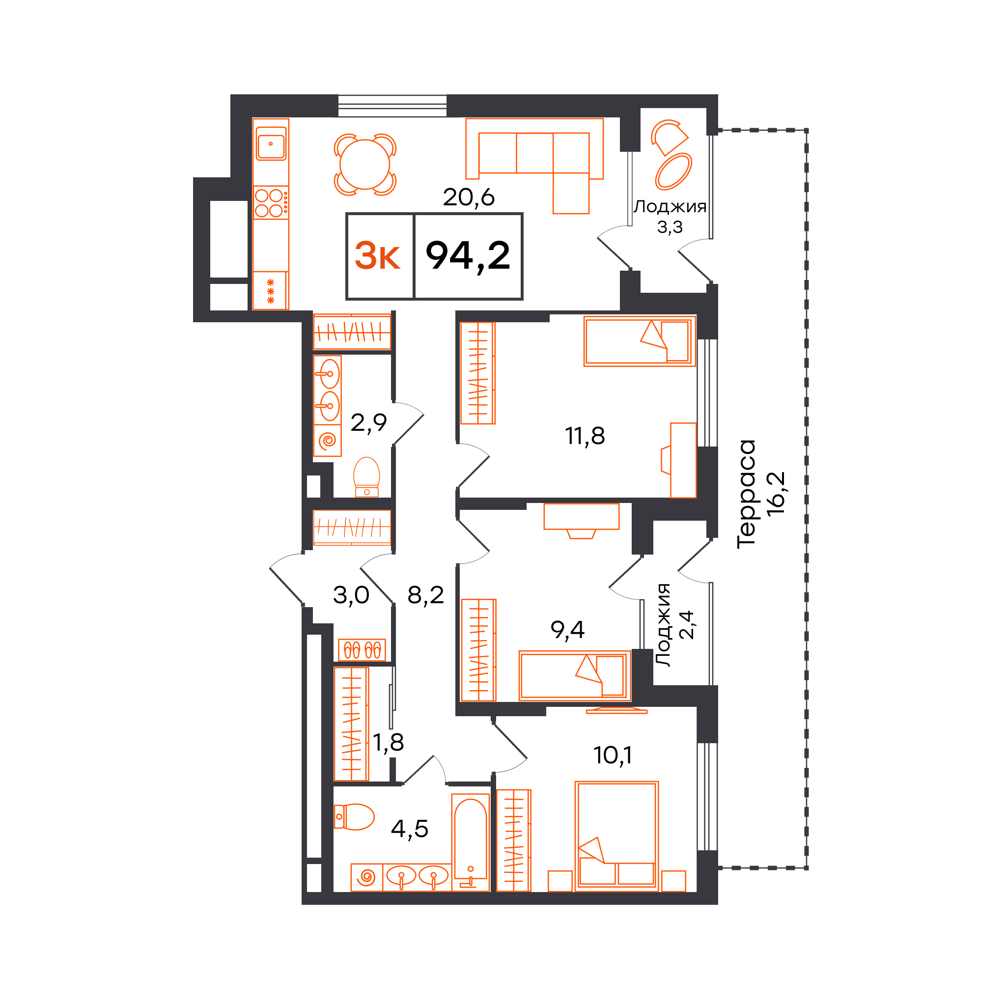 Планировка: 4-комнатная евро 94.2 м² в ЖК Чемпионский, Чемпионский