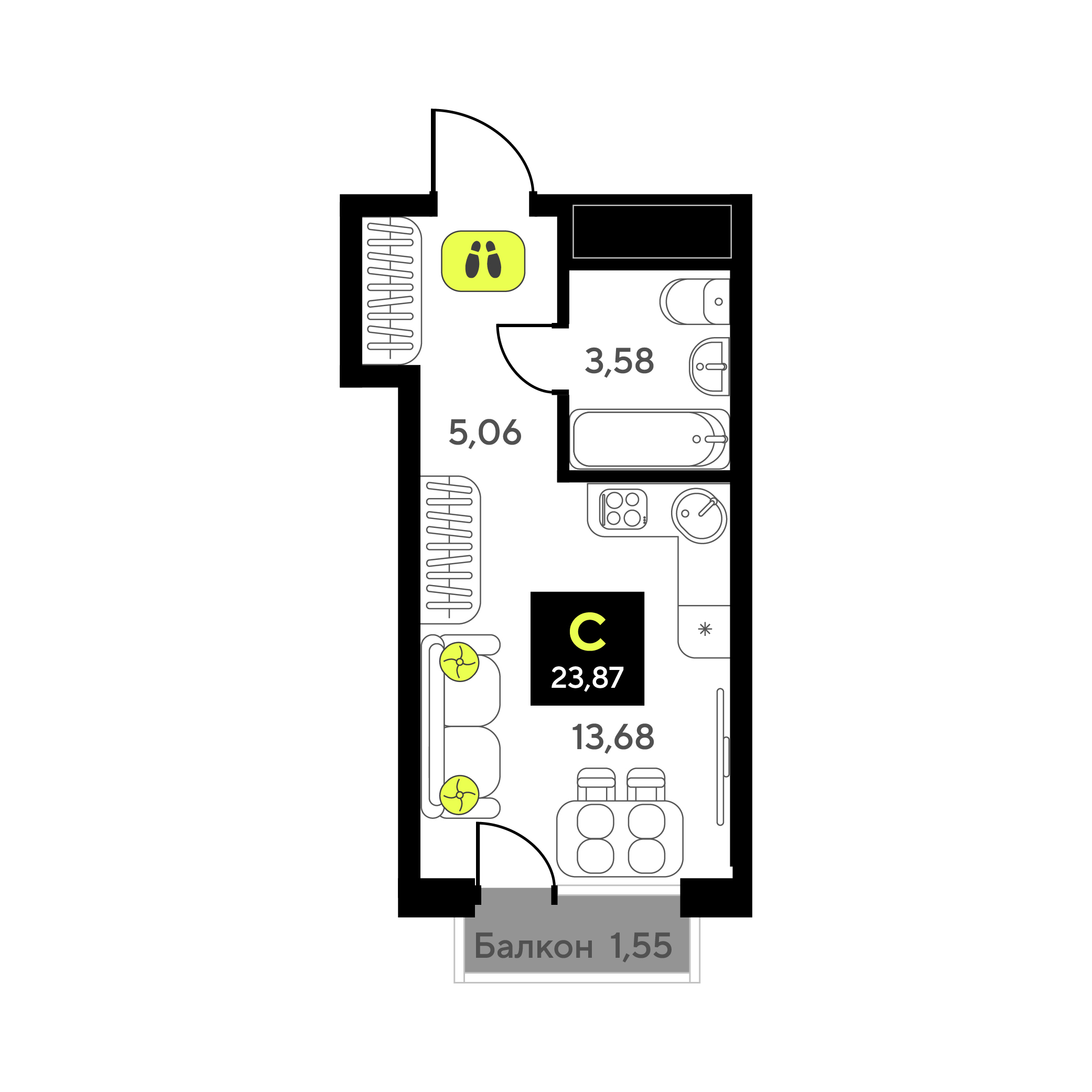 Планировка: Студия 23.9 м² в ЖК Мотивы, От Плеханова до Южного