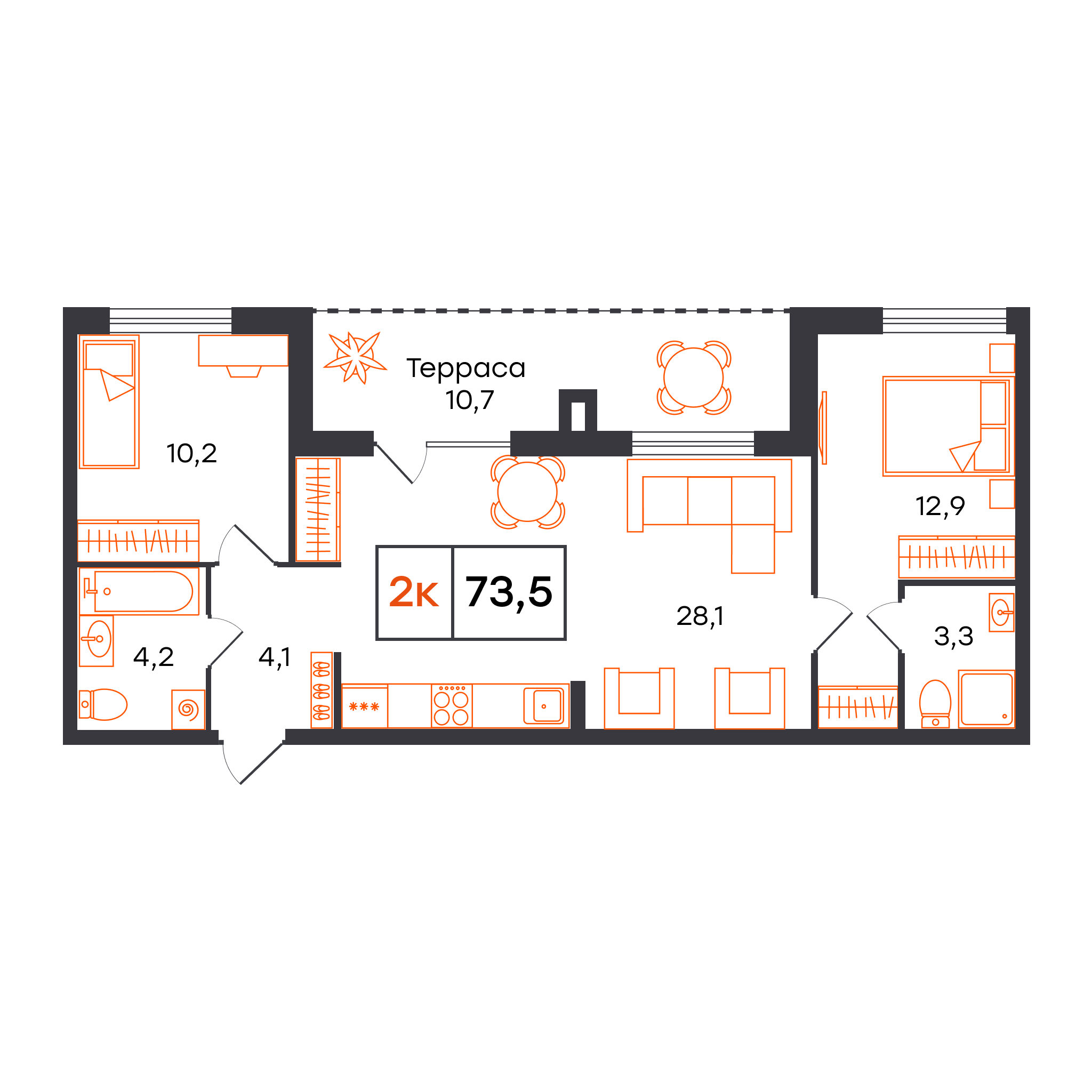 Планировка: Евротрешка 73.5 м² в ЖК Чемпионский, Чемпионский