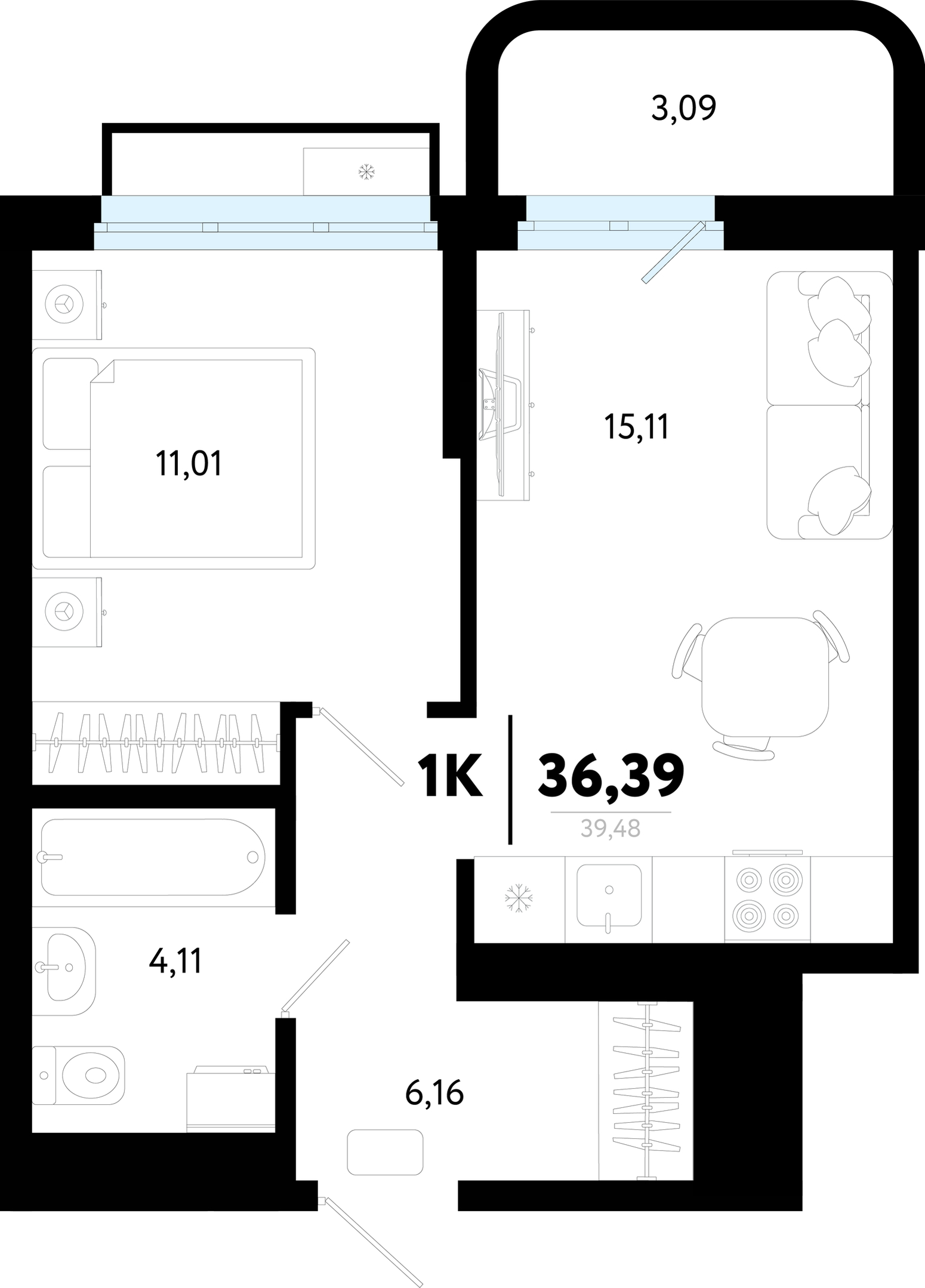 Планировка: Евродвушка 36.4 м² в ЖК Символ, Комарово Парк