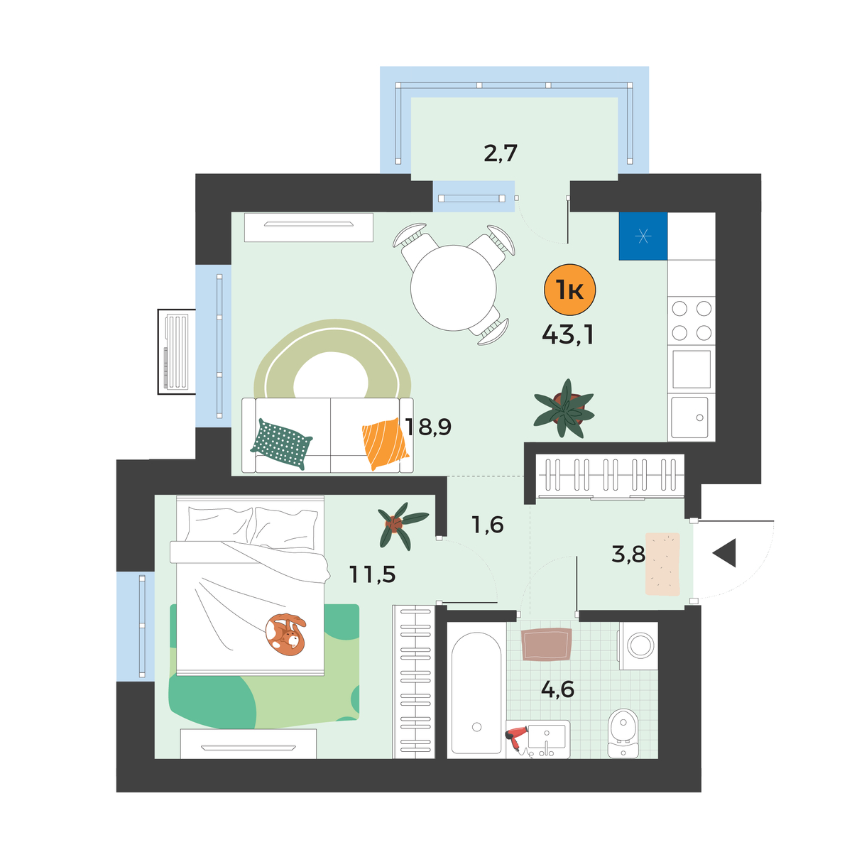 Планировка: Евродвушка 41.2 м² в ЖК Корней, Южный