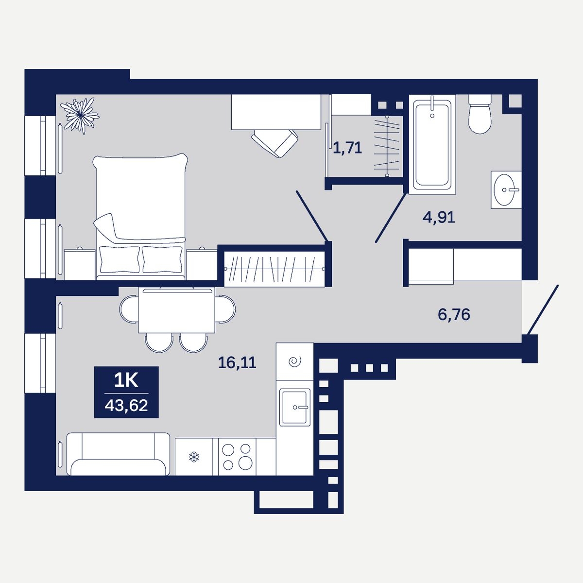 Планировка: Евродвушка 43.6 м² в ЖК Дом на Ямской, Дом Обороны
