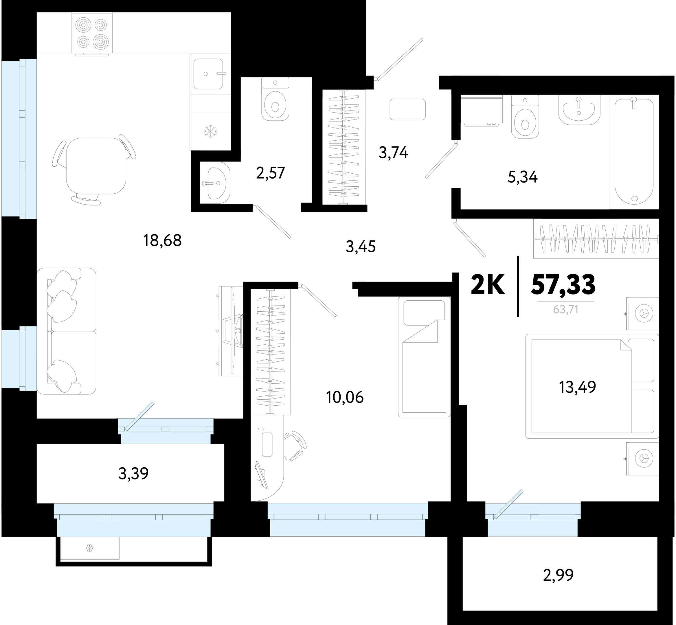 Планировка: Евротрешка 57.3 м² в ЖК Символ, Комарово Парк