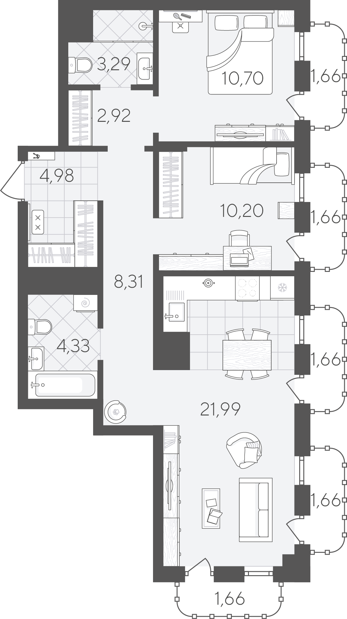 Планировка: Евротрешка 75 м² в ЖК Скандиа. Квартал в Слободе, Тюменская слобода