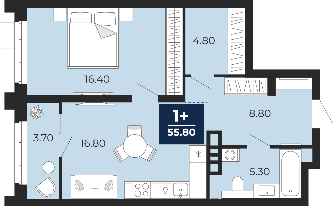 Планировка: Евродвушка 52.1 м² в ЖК Айвазовский, 5-й Заречный