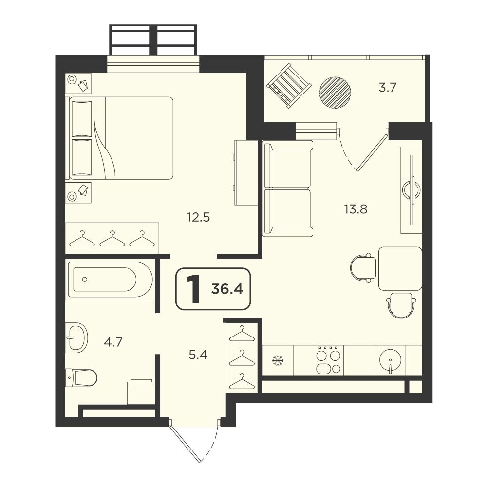 Планировка: Евродвушка 36.4 м² в ЖК Симфония, Центр: Студгородок