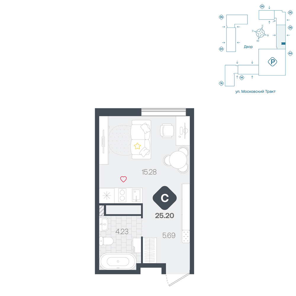 Планировка: Студия 25.2 м² в ЖК Сибирский, Московский тракт
