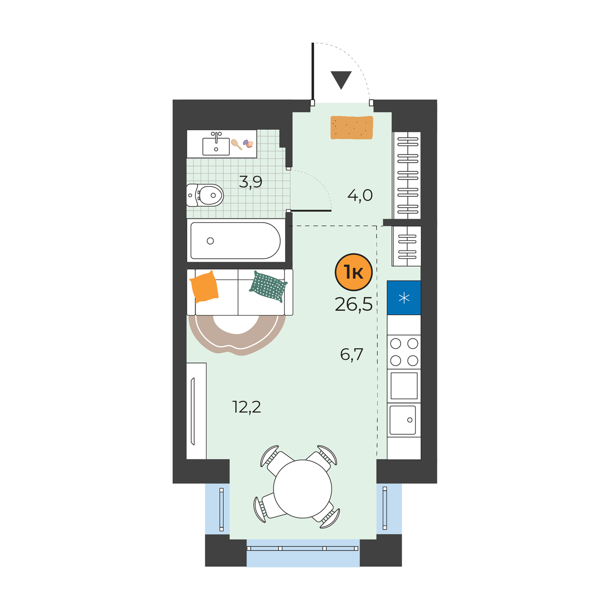Планировка: Студия 26.8 м² в ЖК Корней, Южный