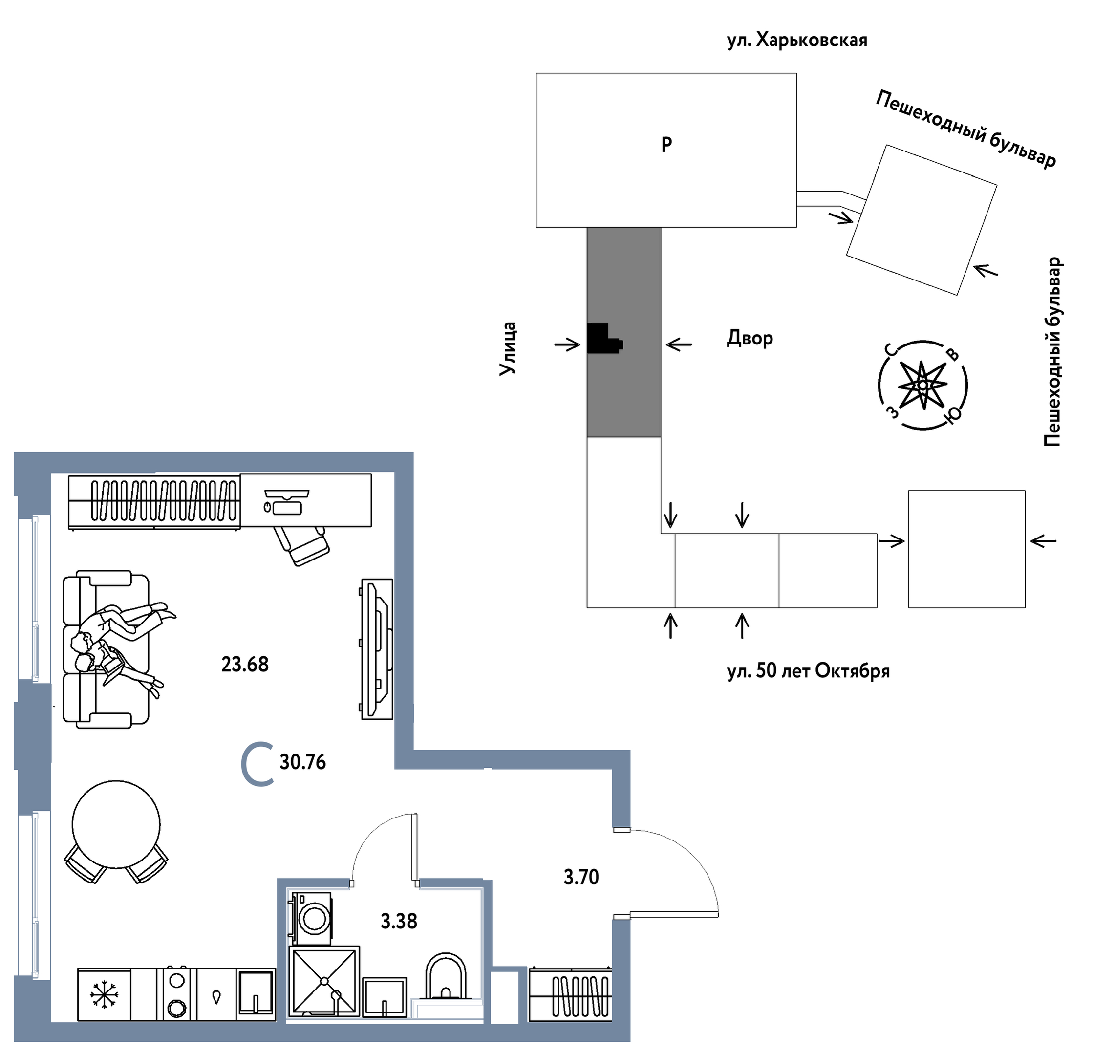 Планировка: Студия 30.8 м² в ЖК Сердце Сибири, Центр: КПД