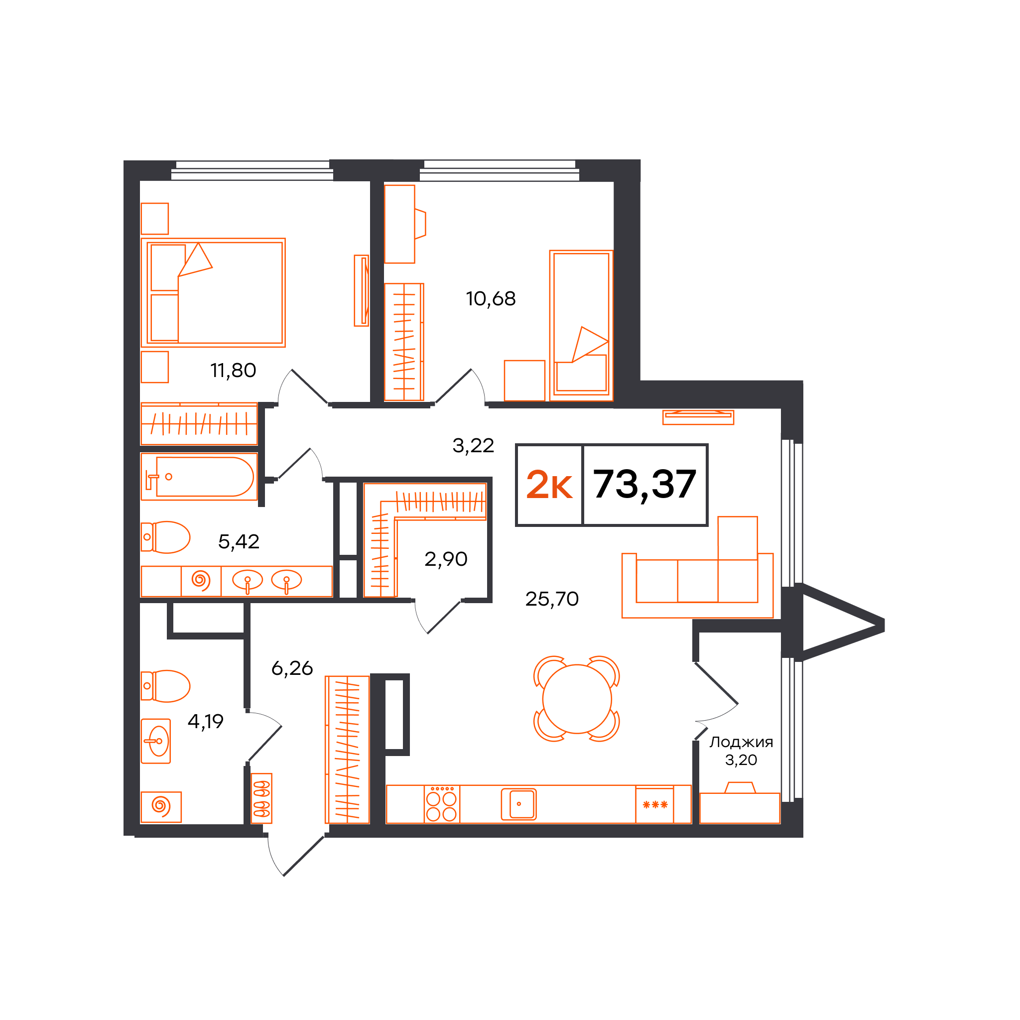 Планировка: Евротрешка 73.4 м² в ЖК Отличие, Комарово Парк