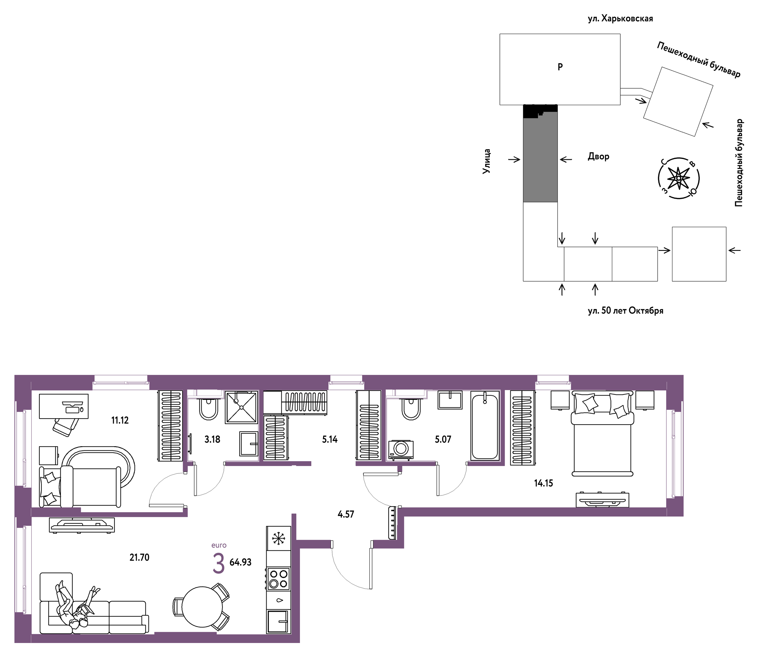 Планировка: Евротрешка 64.9 м² в ЖК Сердце Сибири, Центр: КПД