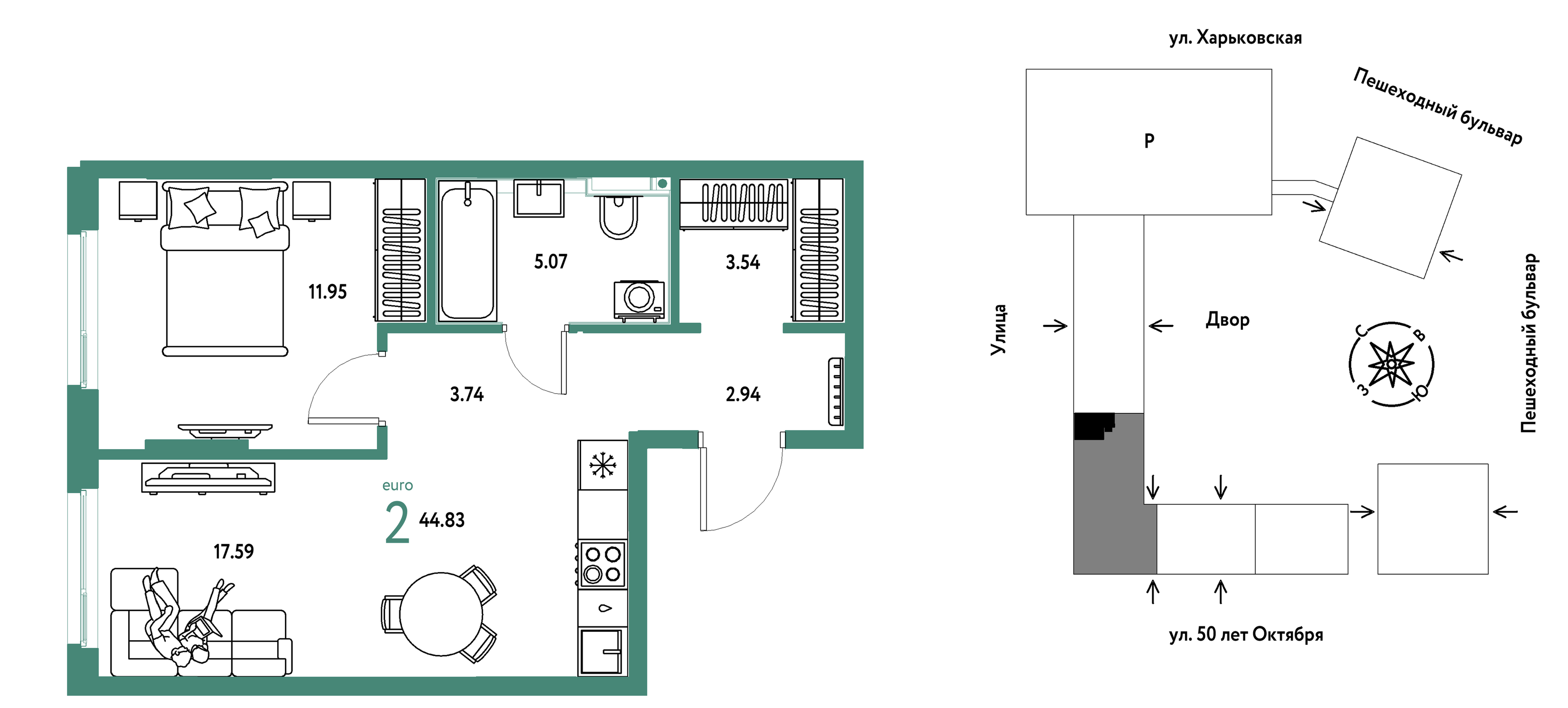 Планировка: Евродвушка 44.8 м² в ЖК Сердце Сибири, Центр: КПД