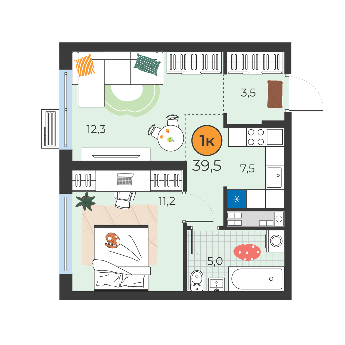 Планировка: Евродвушка 39.5 м² в ЖК Корней, Южный