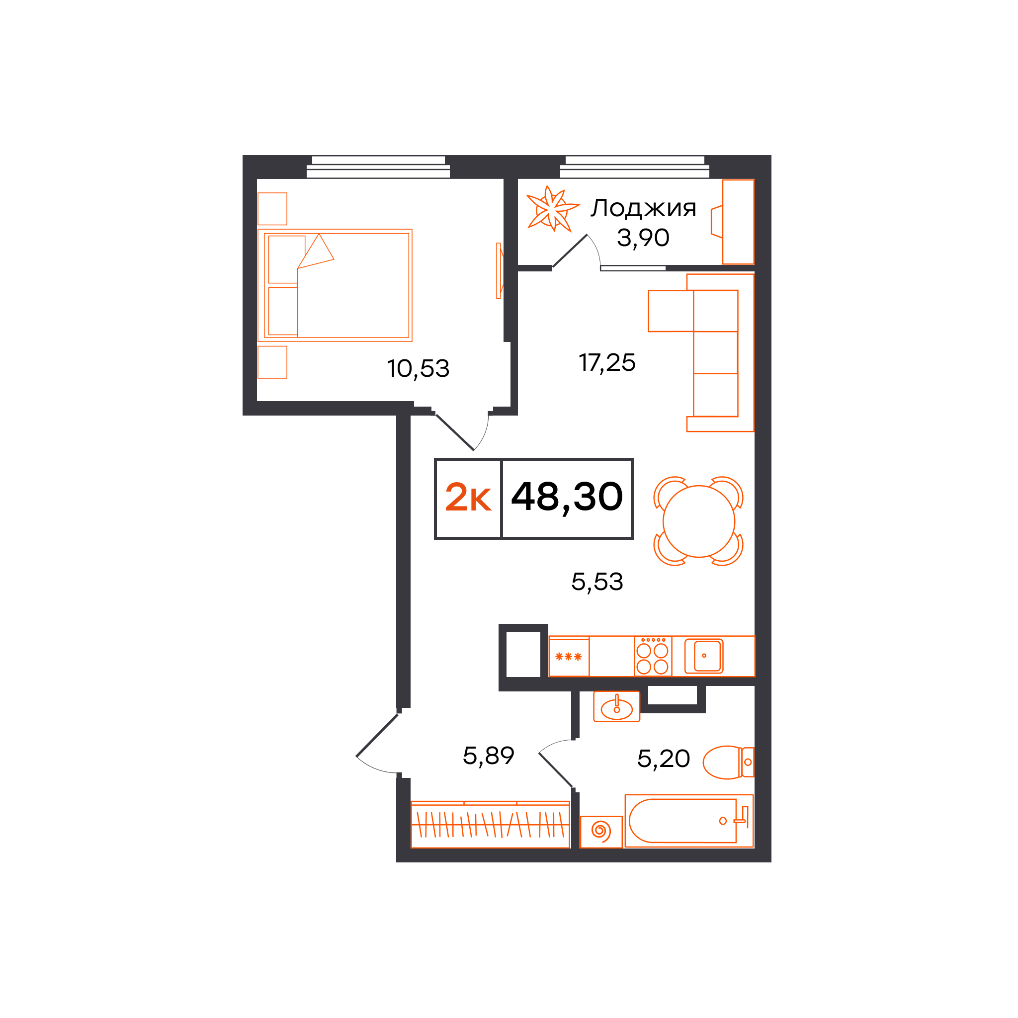 Планировка: Евродвушка 48.3 м² в ЖК Отличие, Комарово Парк