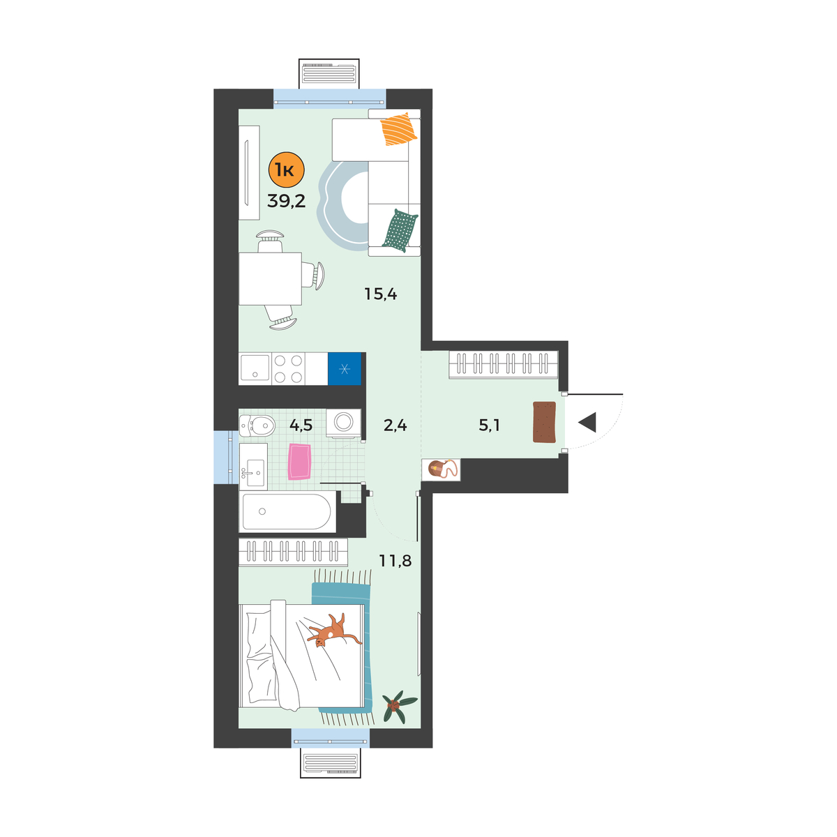 Планировка: Евродвушка 39.2 м² в ЖК Корней, Южный
